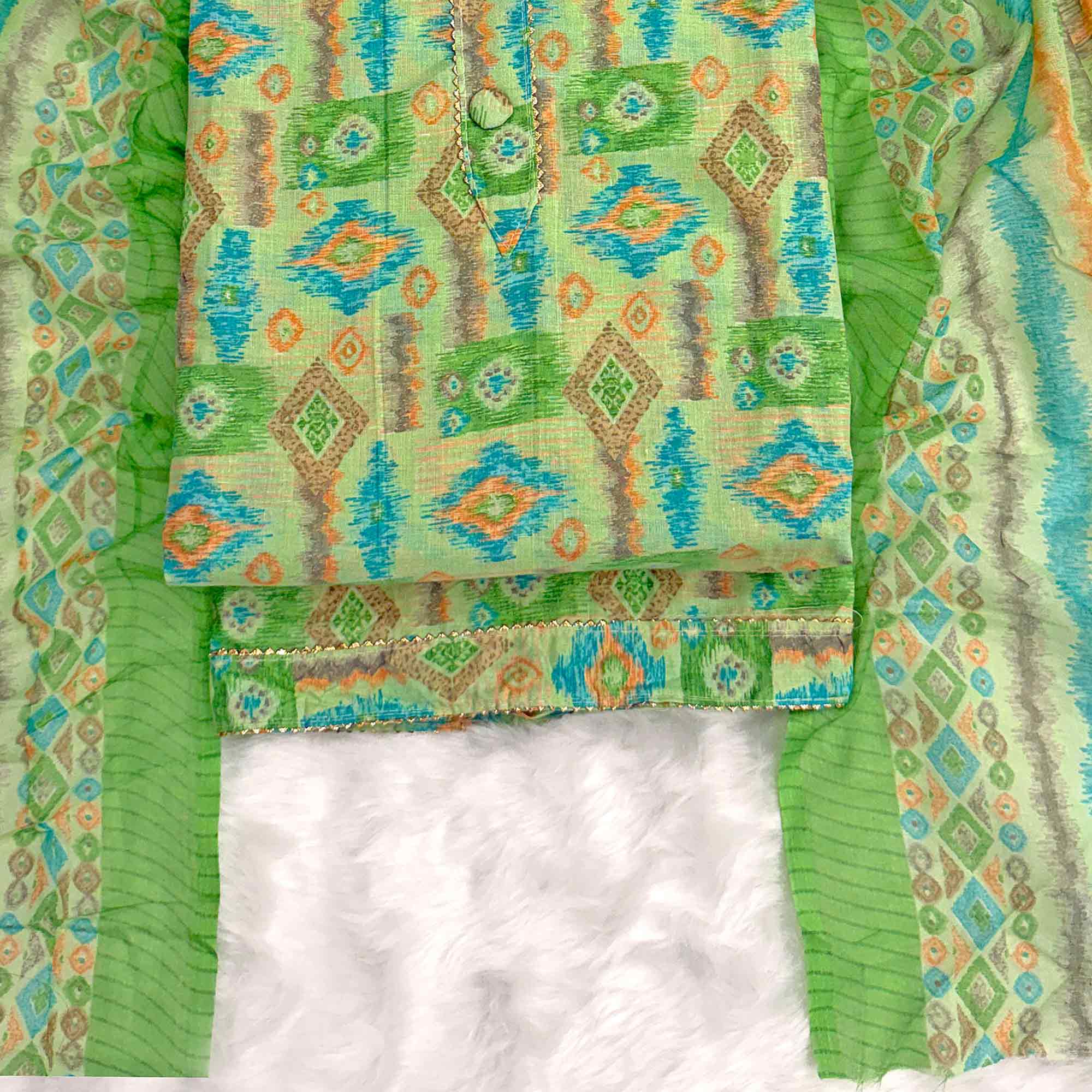 Green Contemporary Ikat & Geometric Style Print Pure Cotton Dress Material With Decorative Button