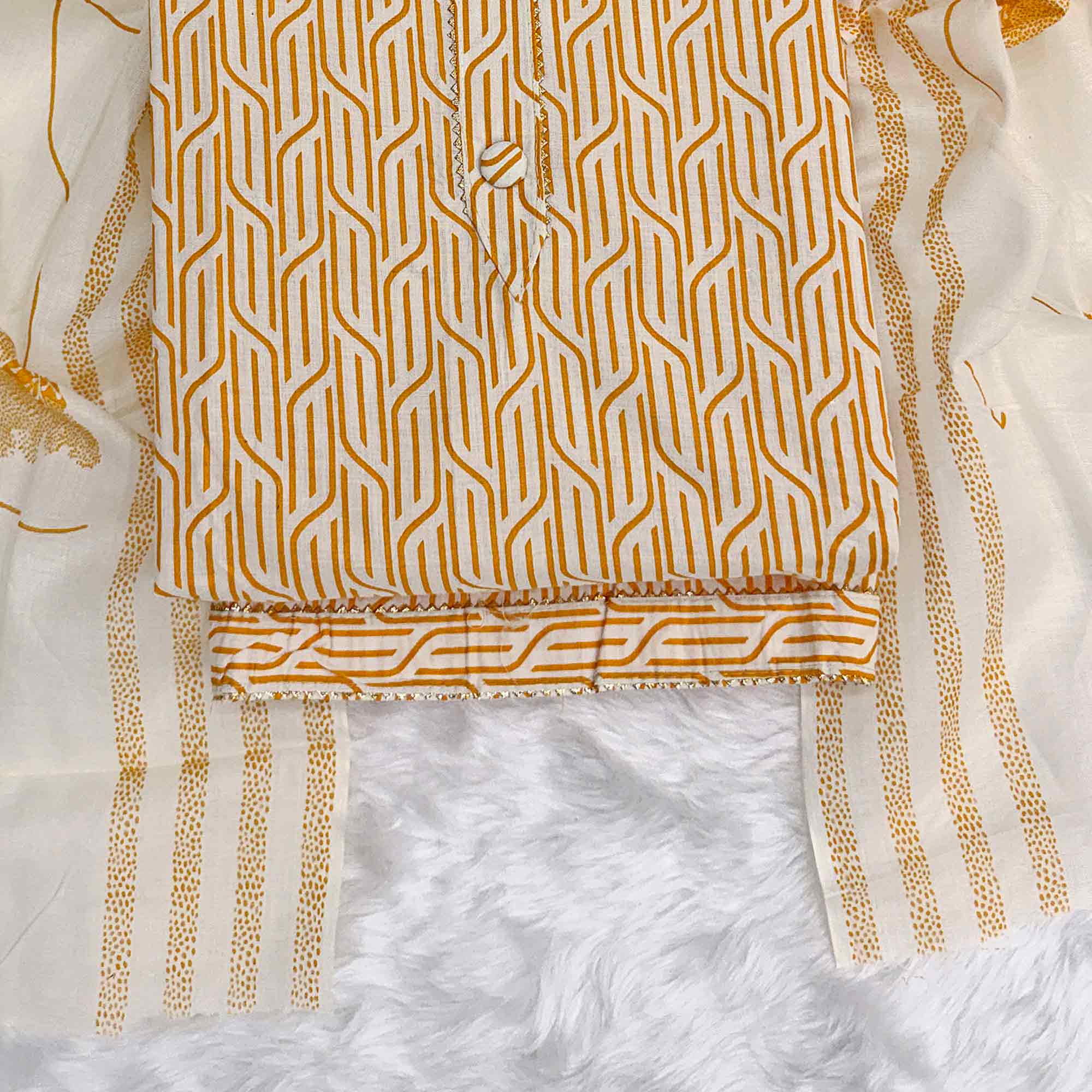 Trendy Mustard Geometric Print Pure Cotton Dress Material Featuring Stylish Tie Neck & Fancy Button