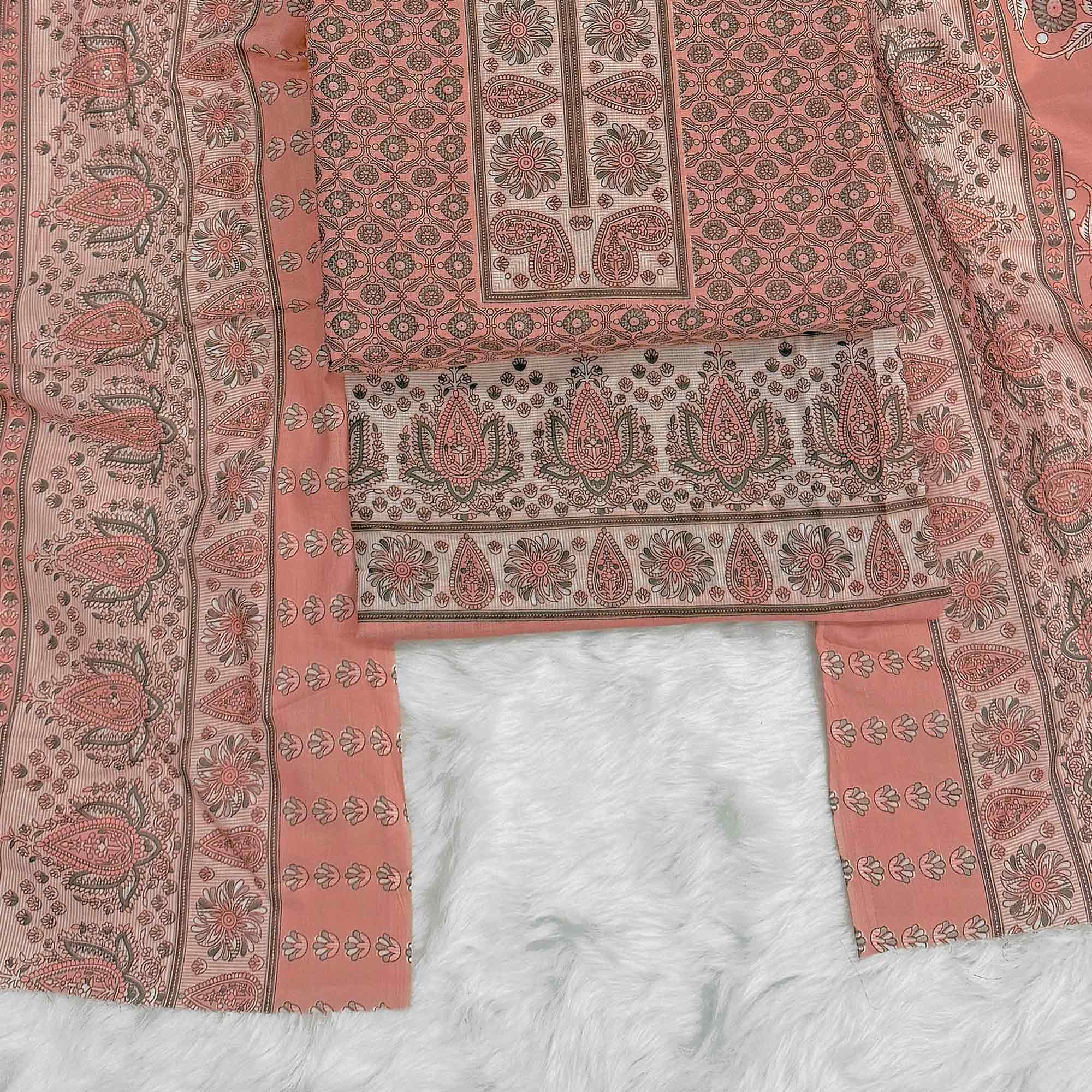 Vibrant Peach Floral Print Pure Cotton Dress Material With Refined Craftsmanship