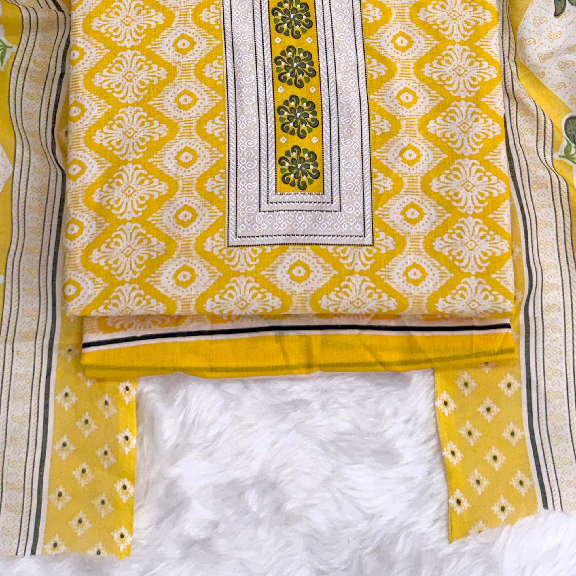 Charming Yellow Pure Cotton Dress Material With Delicate Floral Print