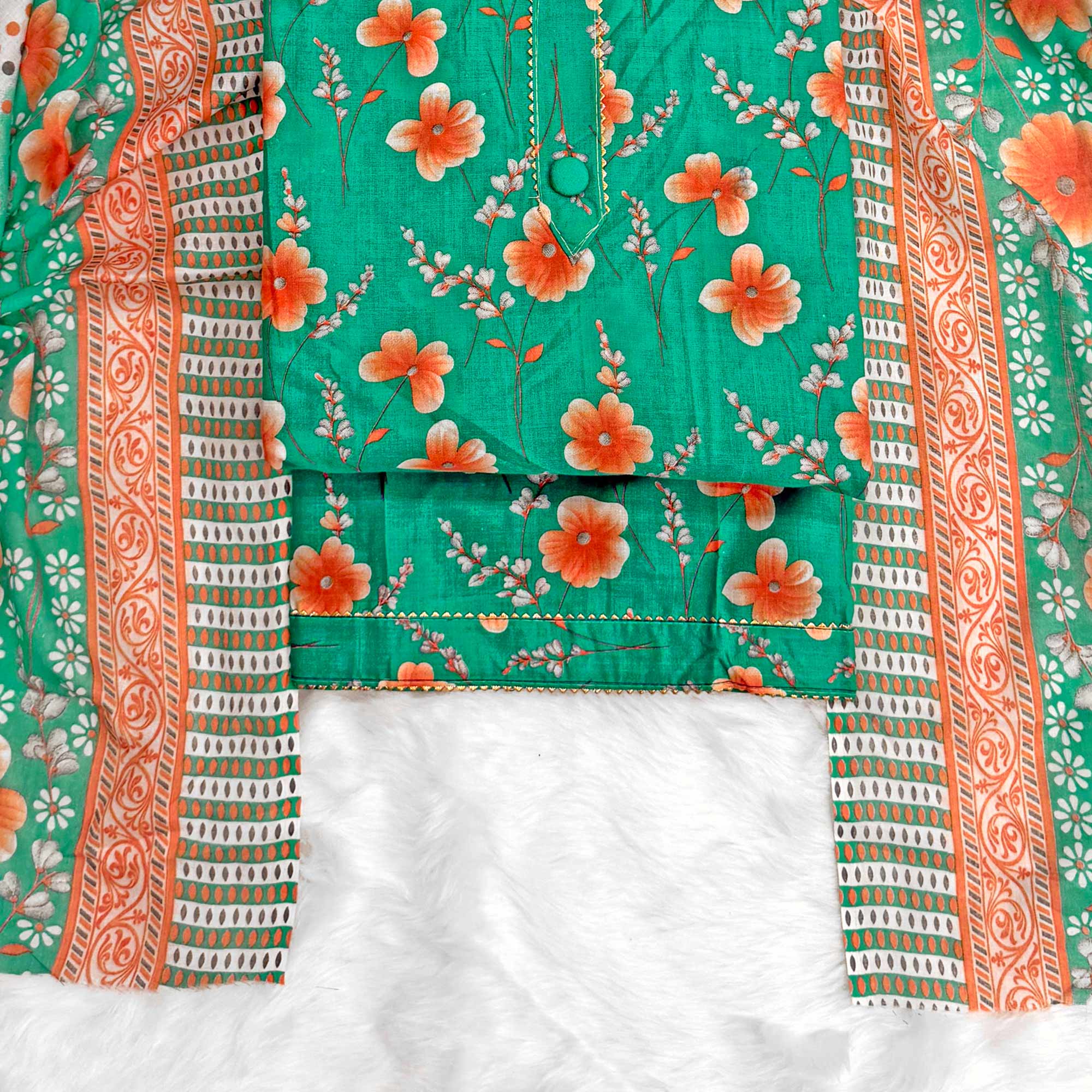 Green Floral Printed Pure Cotton Dress Material With Stylish Tie Neck & Fancy Button Work