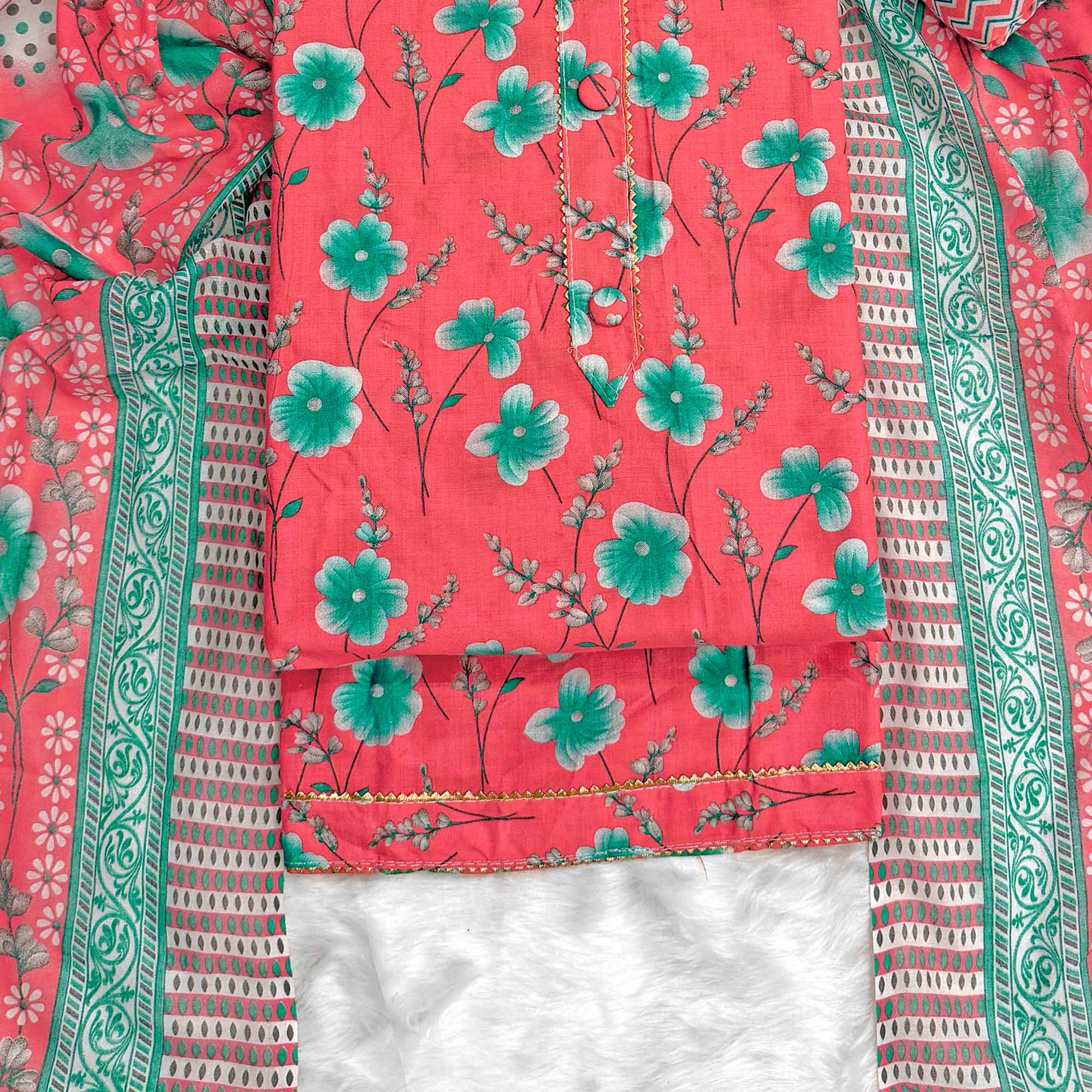 Red Floral Printed Pure Cotton Dress Material With Stylish Tie Neck & Fancy Button Work