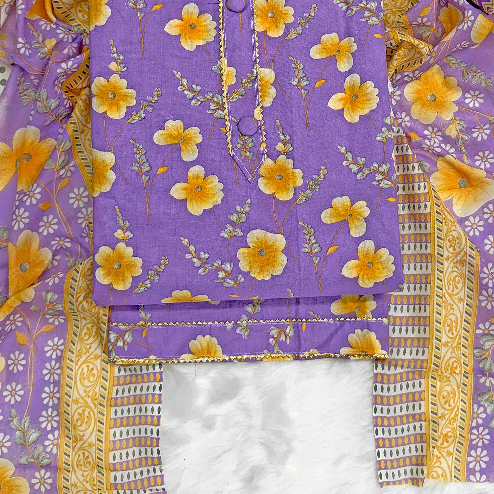 Lavender Floral Printed Pure Cotton Dress Material With Stylish Tie Neck & Fancy Button Work