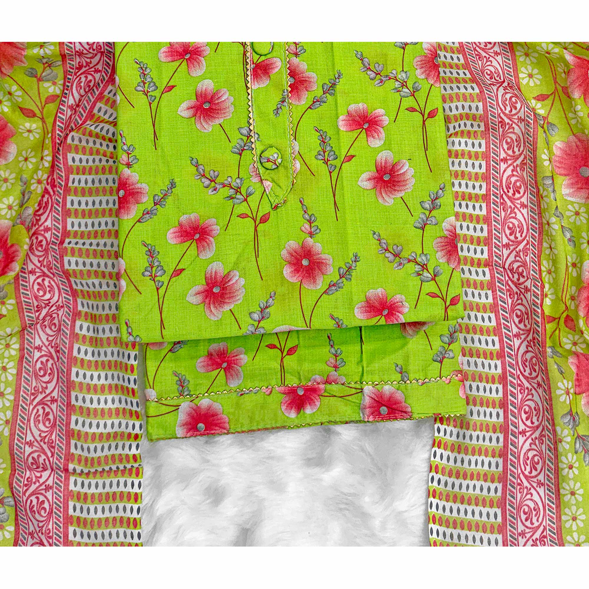 Parrot Green Floral Printed Pure Cotton Dress Material With Stylish Tie Neck & Fancy Button Work