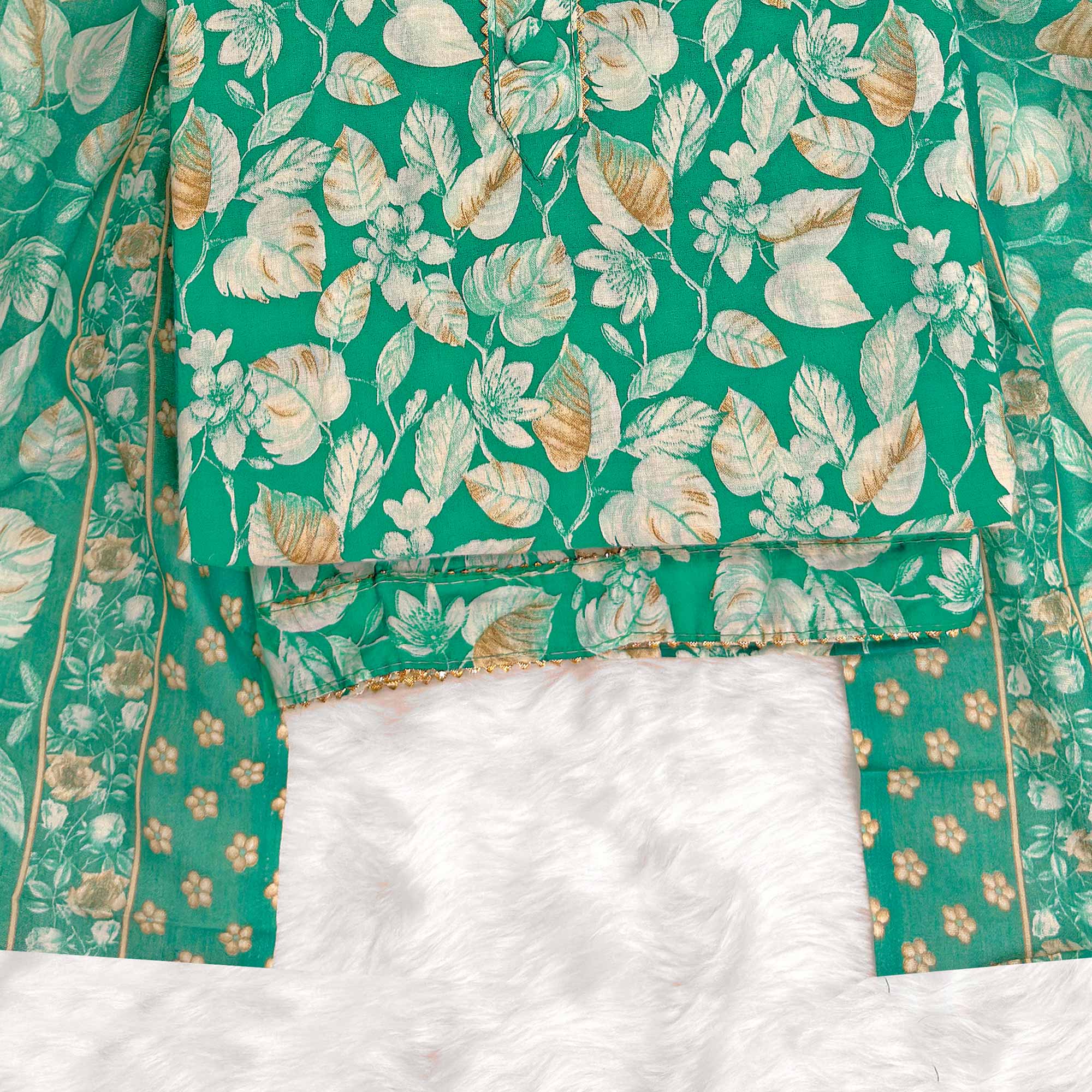 Charming Green Pure Cotton Dress Material Featuring Floral Print With Tie On Neck & Fancy Button