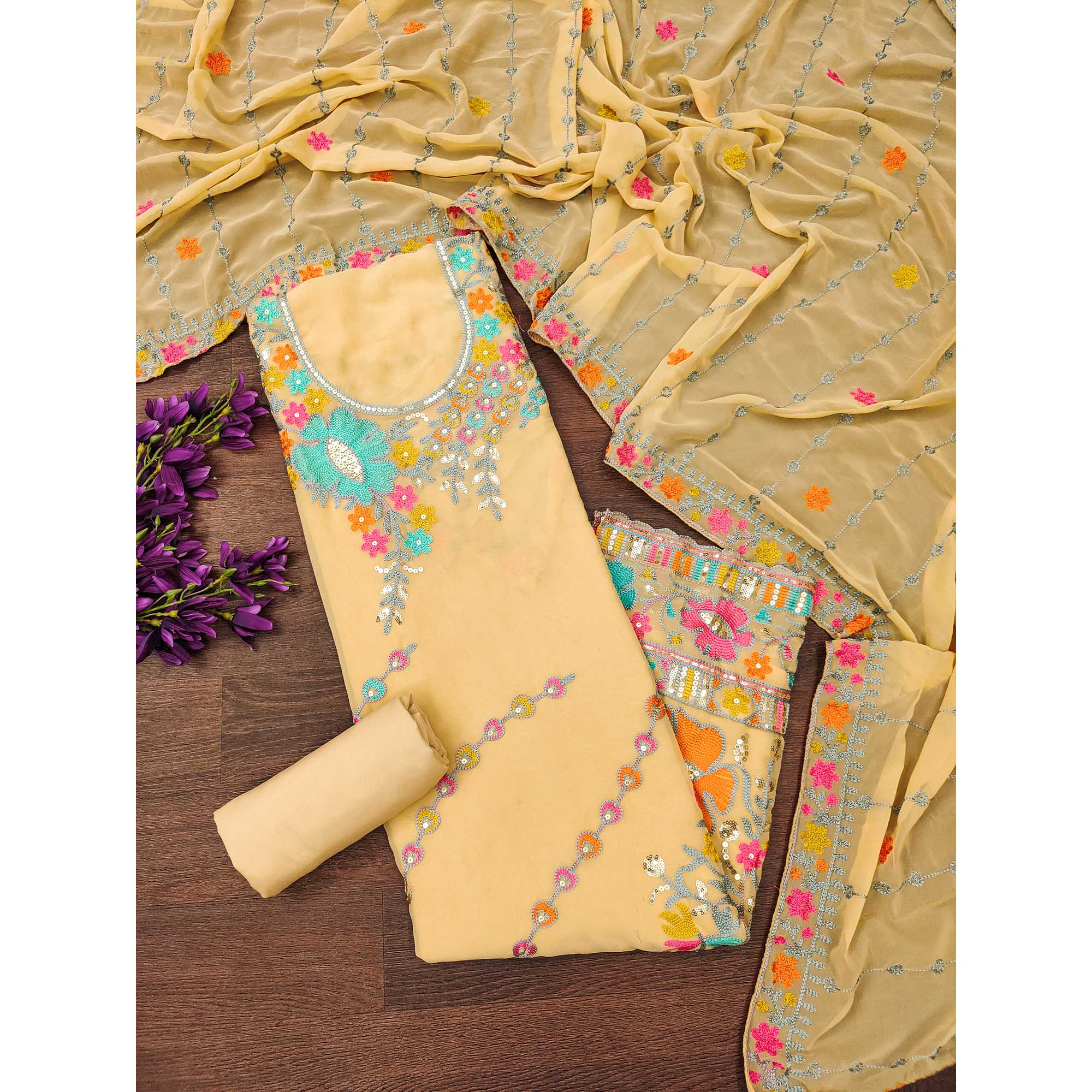 Chikoo Floral Sequins Embroidered Georgette Dress Material