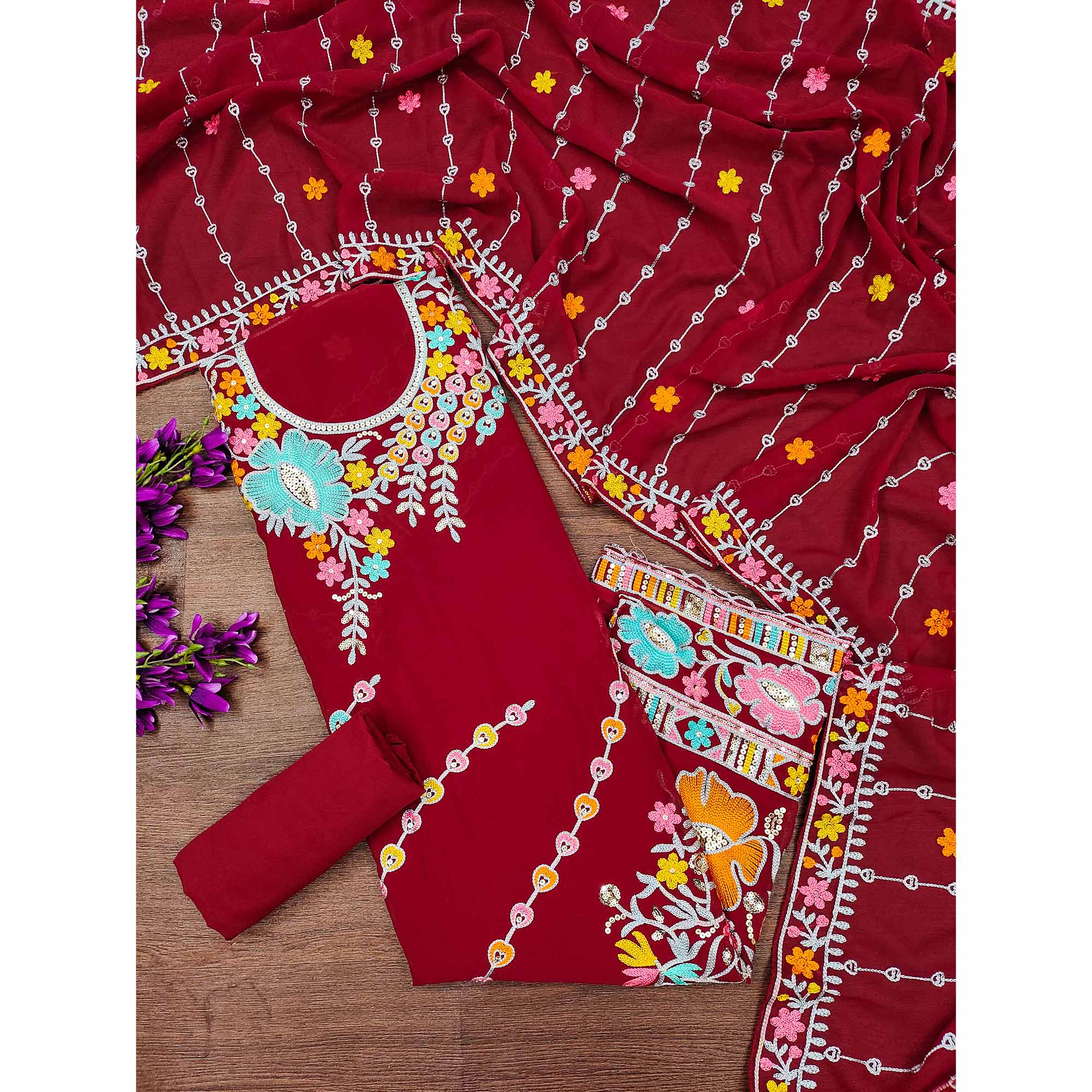 Maroon Floral Sequins Embroidered Georgette Dress Material
