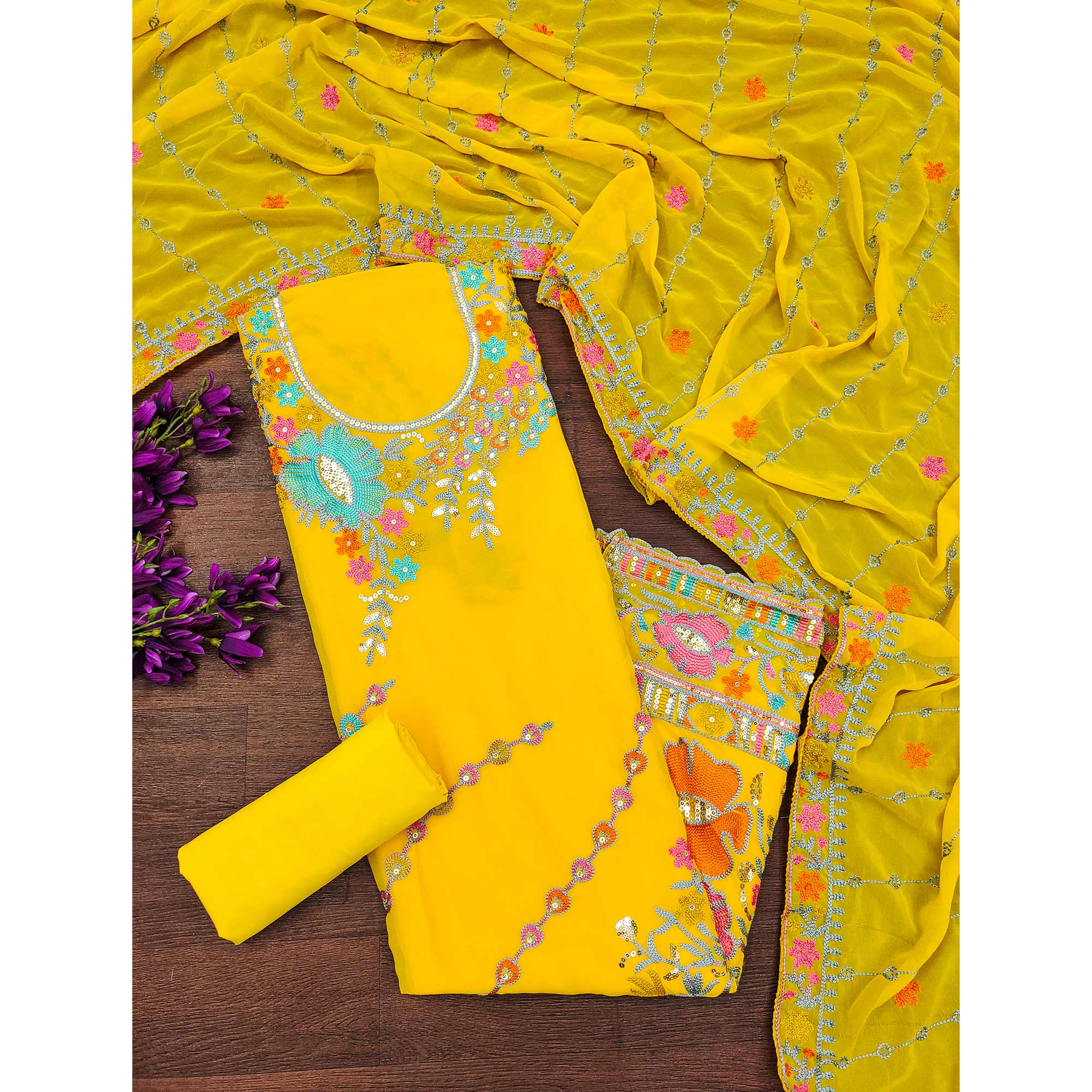 Yellow Floral Sequins Embroidered Georgette Dress Material