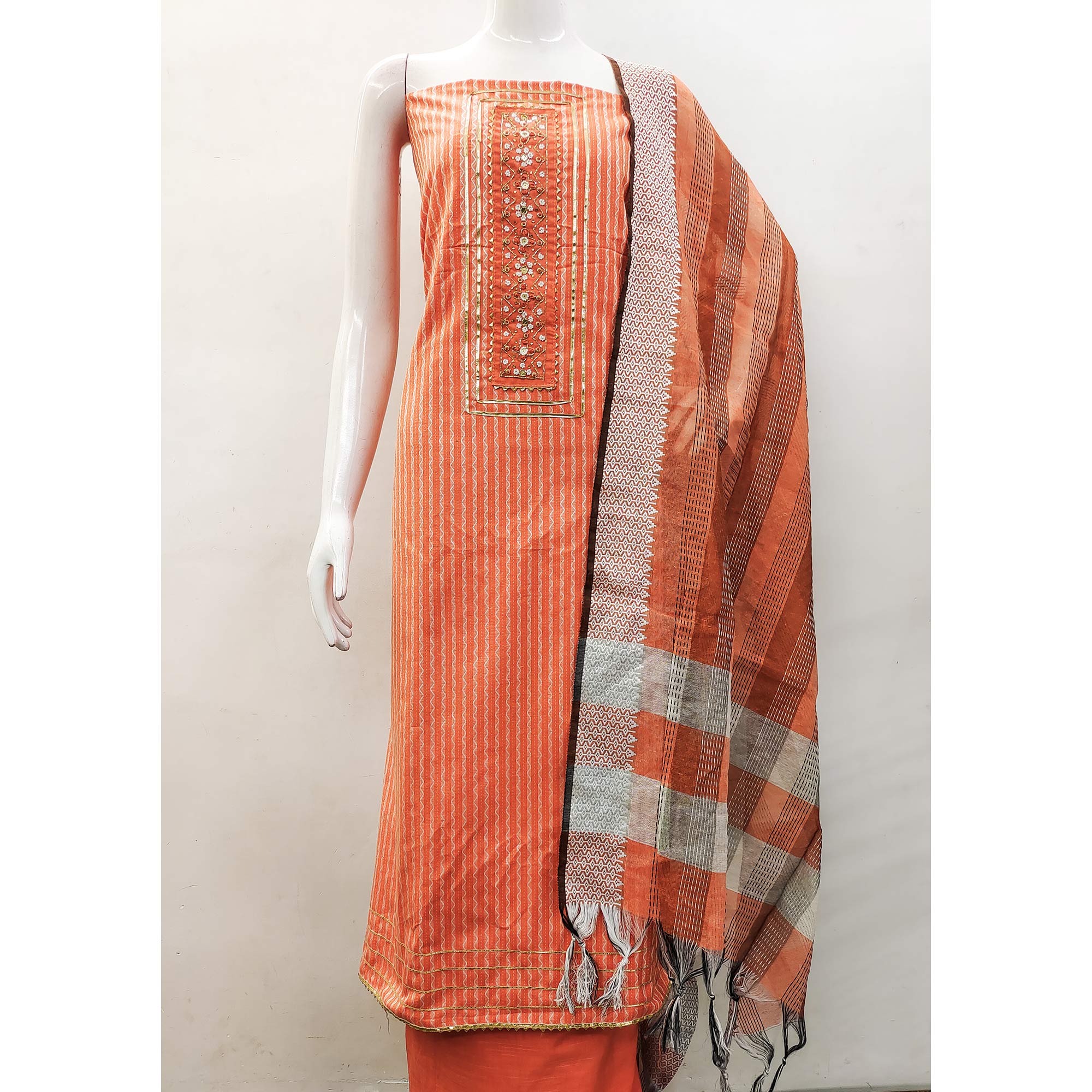 Orange Woven With Handwork Cotton Blend Dress Material