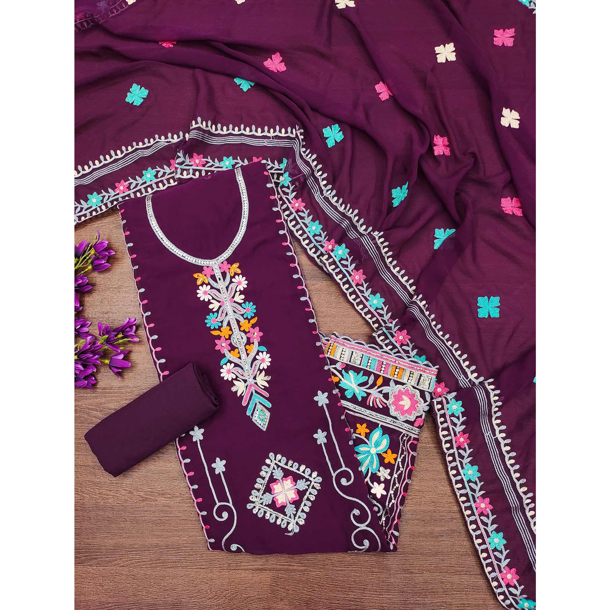 Wine Floral Sequins Embroidered Georgette Dress Material