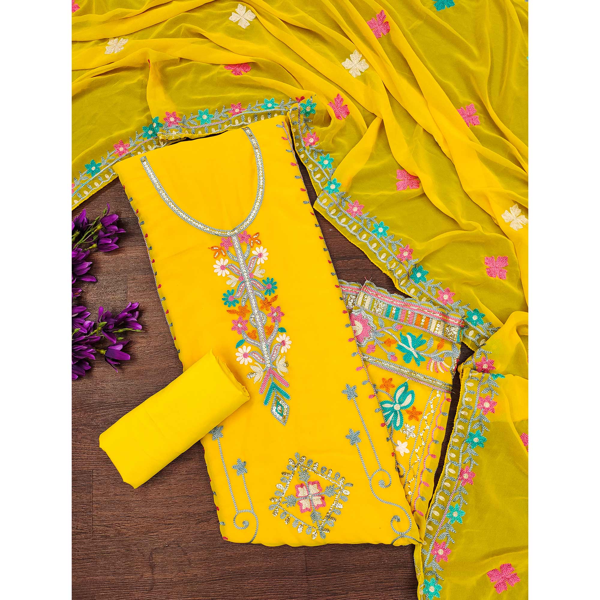 Yellow Floral Sequins Embroidered Georgette Dress Material