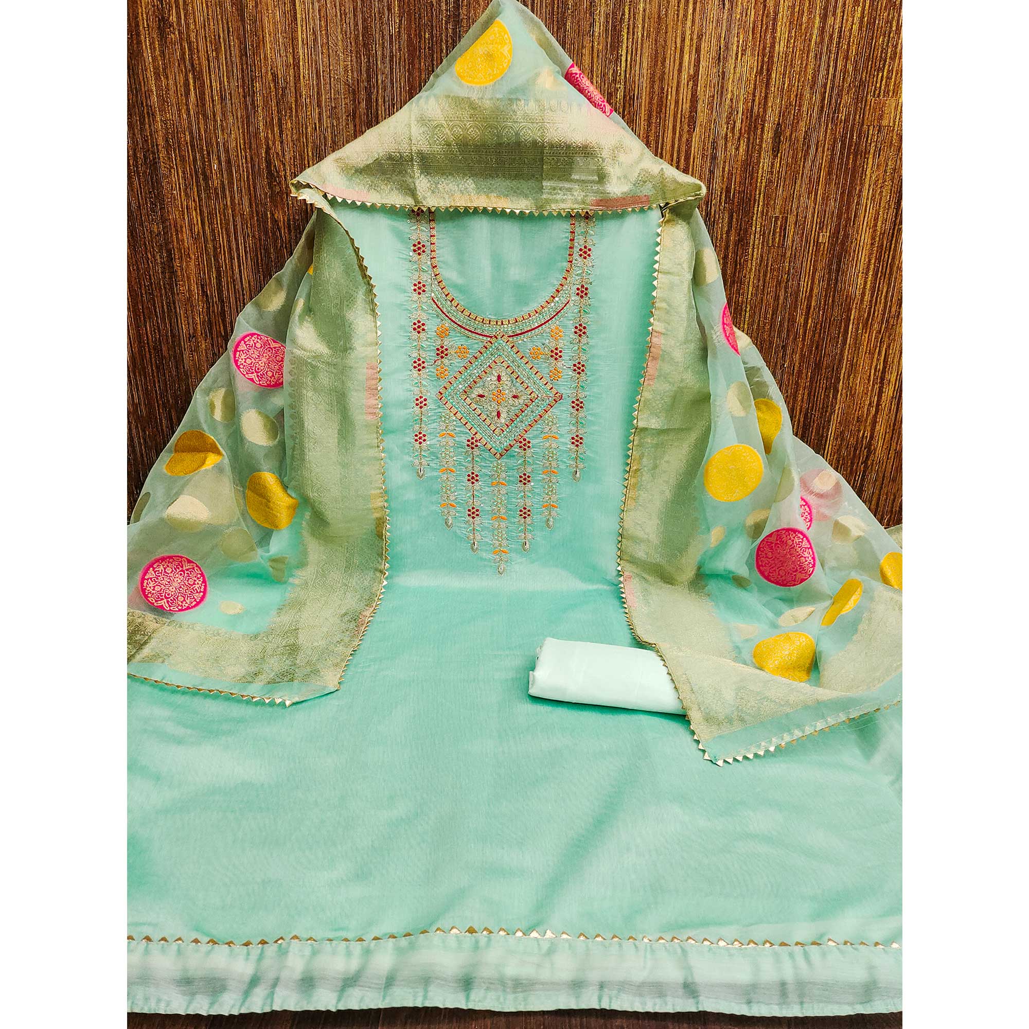 Turquoise Floral Sequins Embroidered Chanderi Dress Material