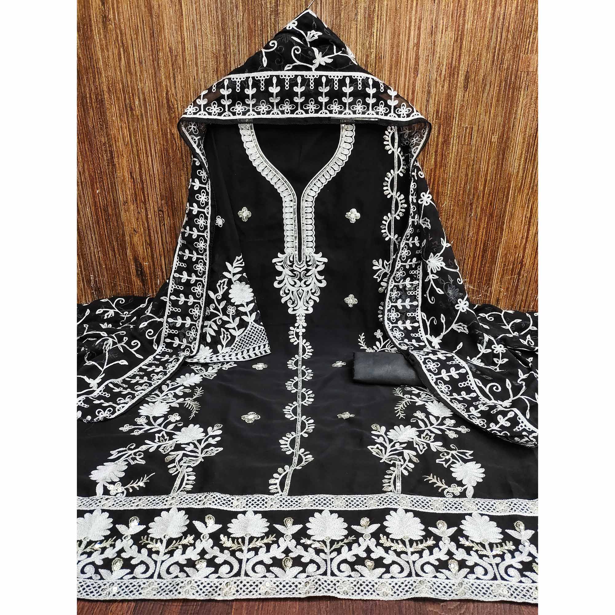 Black Floral Sequins Embroidered Georgette Dress Material