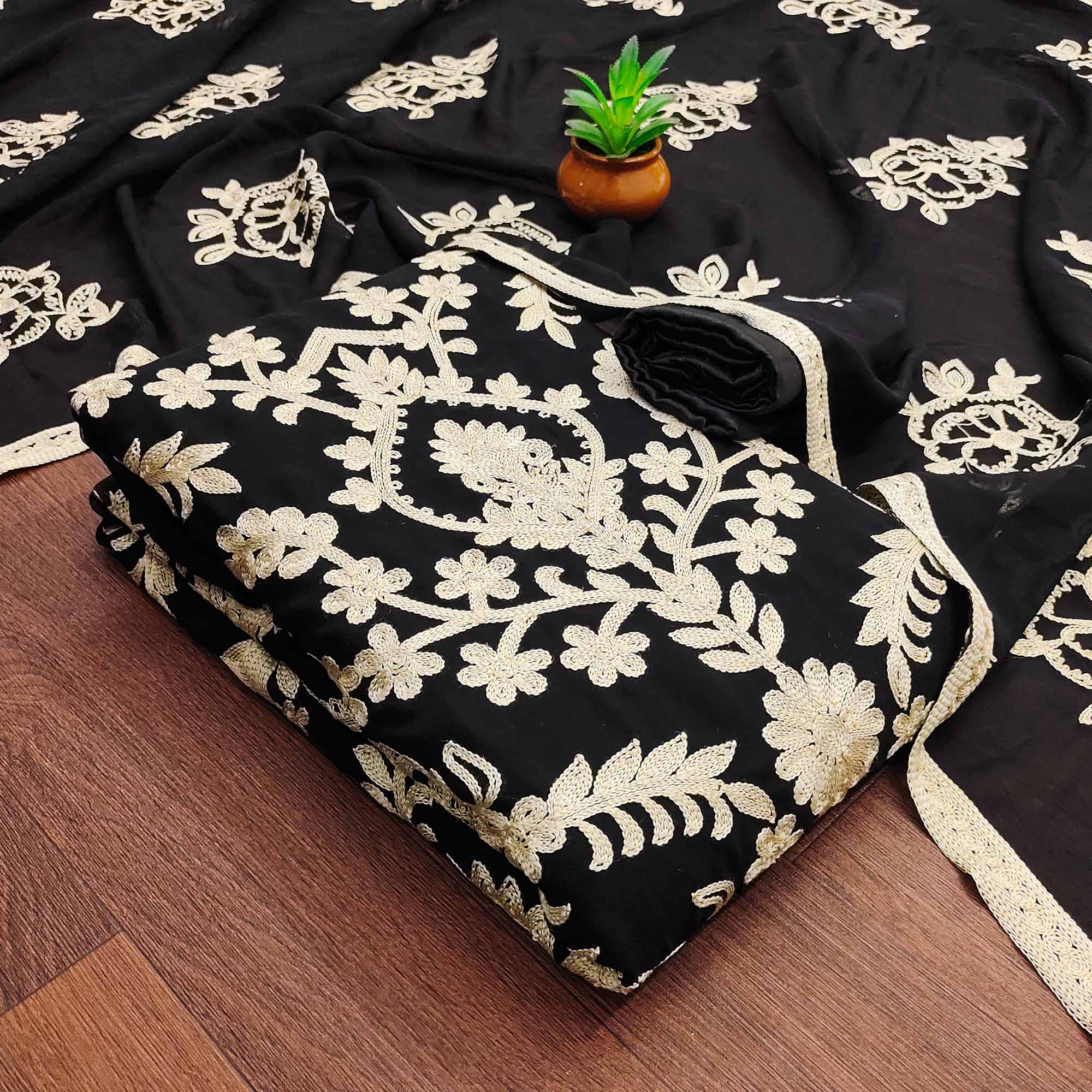 Black Floral Embroidered Georgette Dress Material