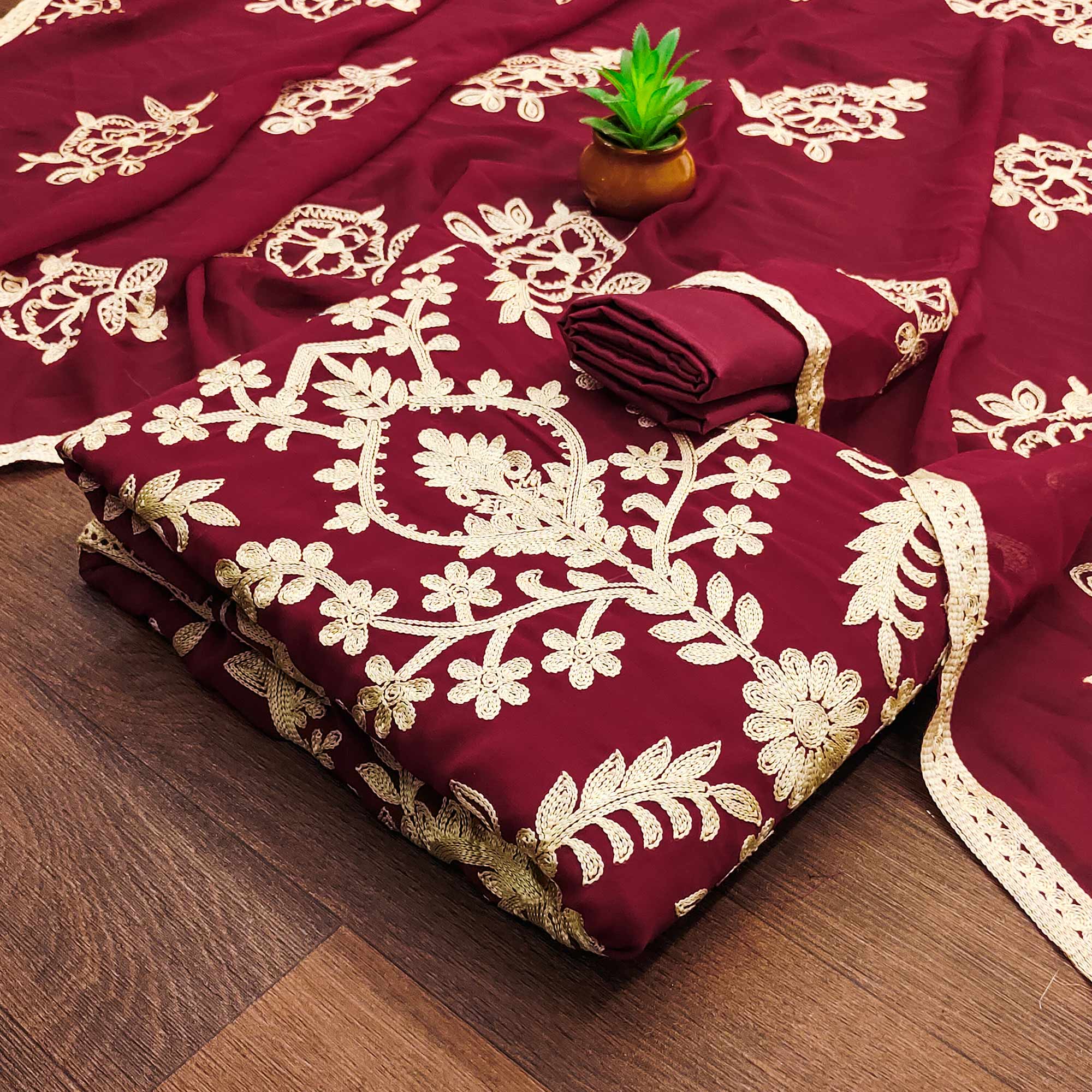 Maroon Floral Embroidered Georgette Dress Material