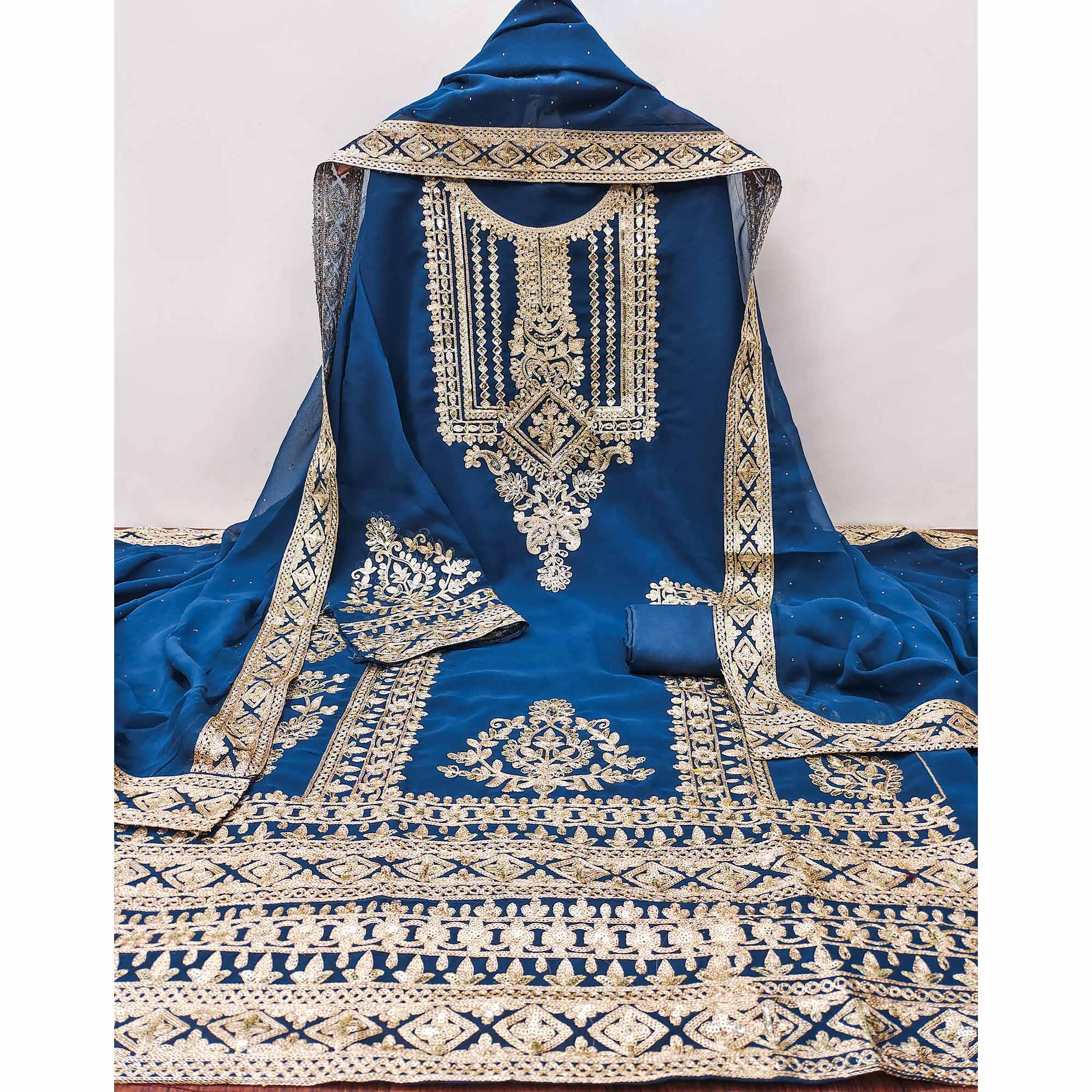 Blue Floral Sequins Embroidered Georgette Dress Material