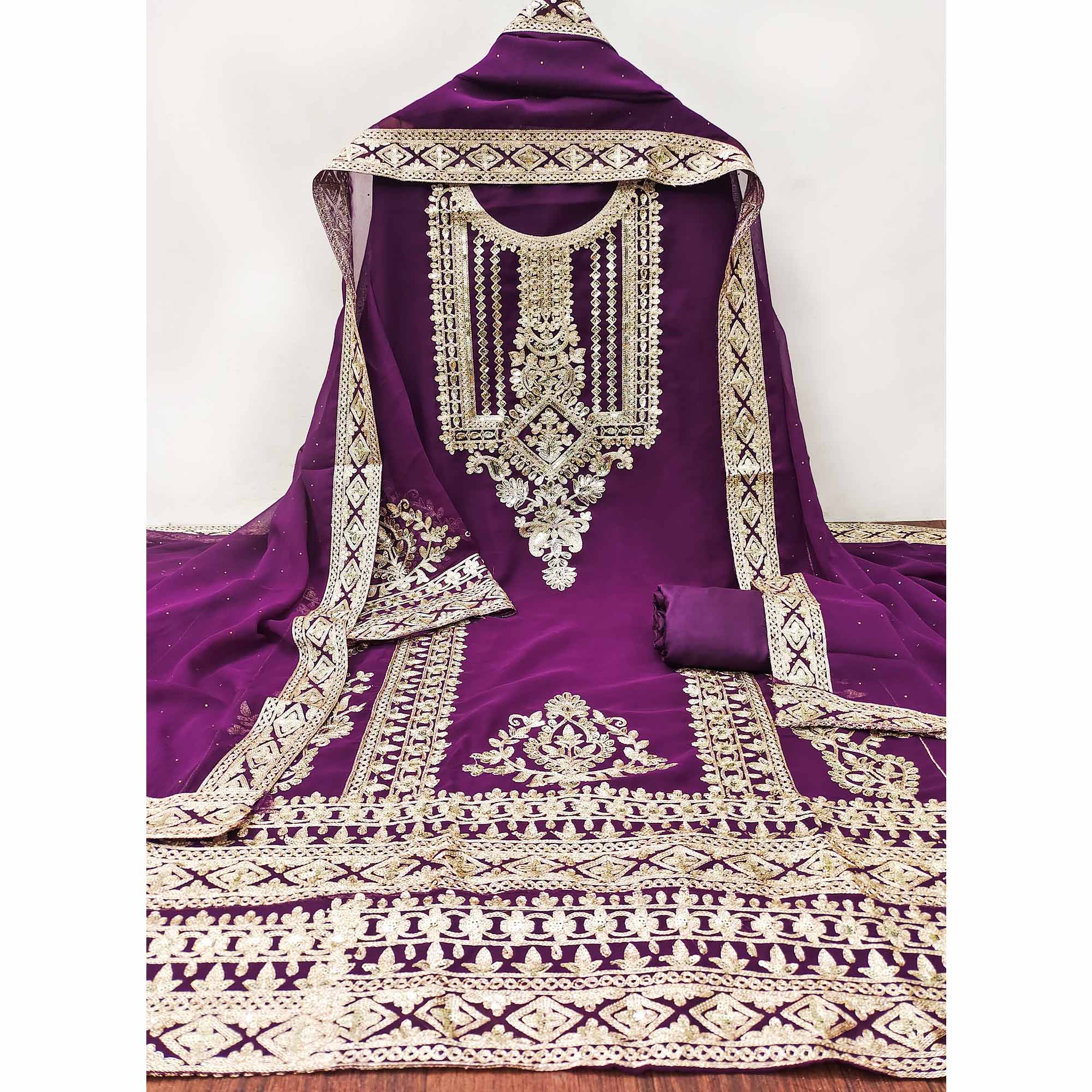 Purple Floral Sequins Embroidered Georgette Dress Material