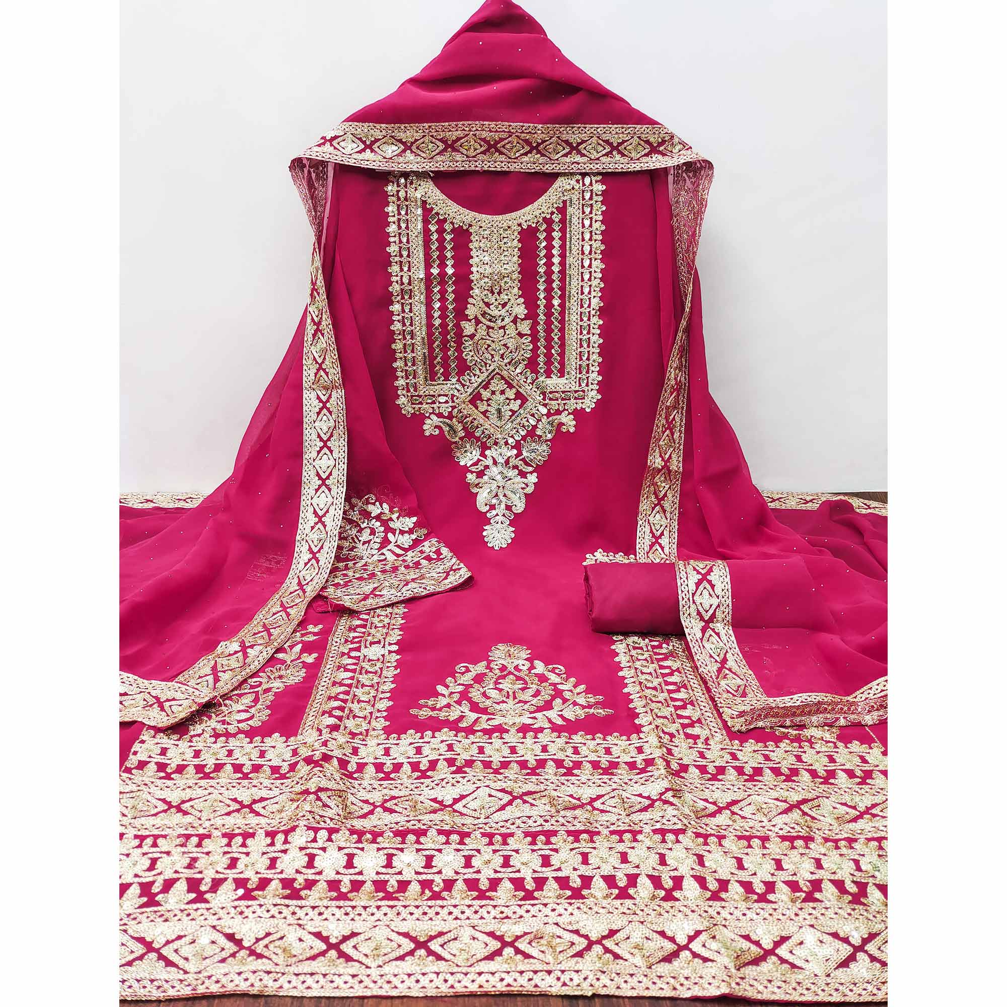 Rani Pink Floral Sequins Embroidered Georgette Dress Material