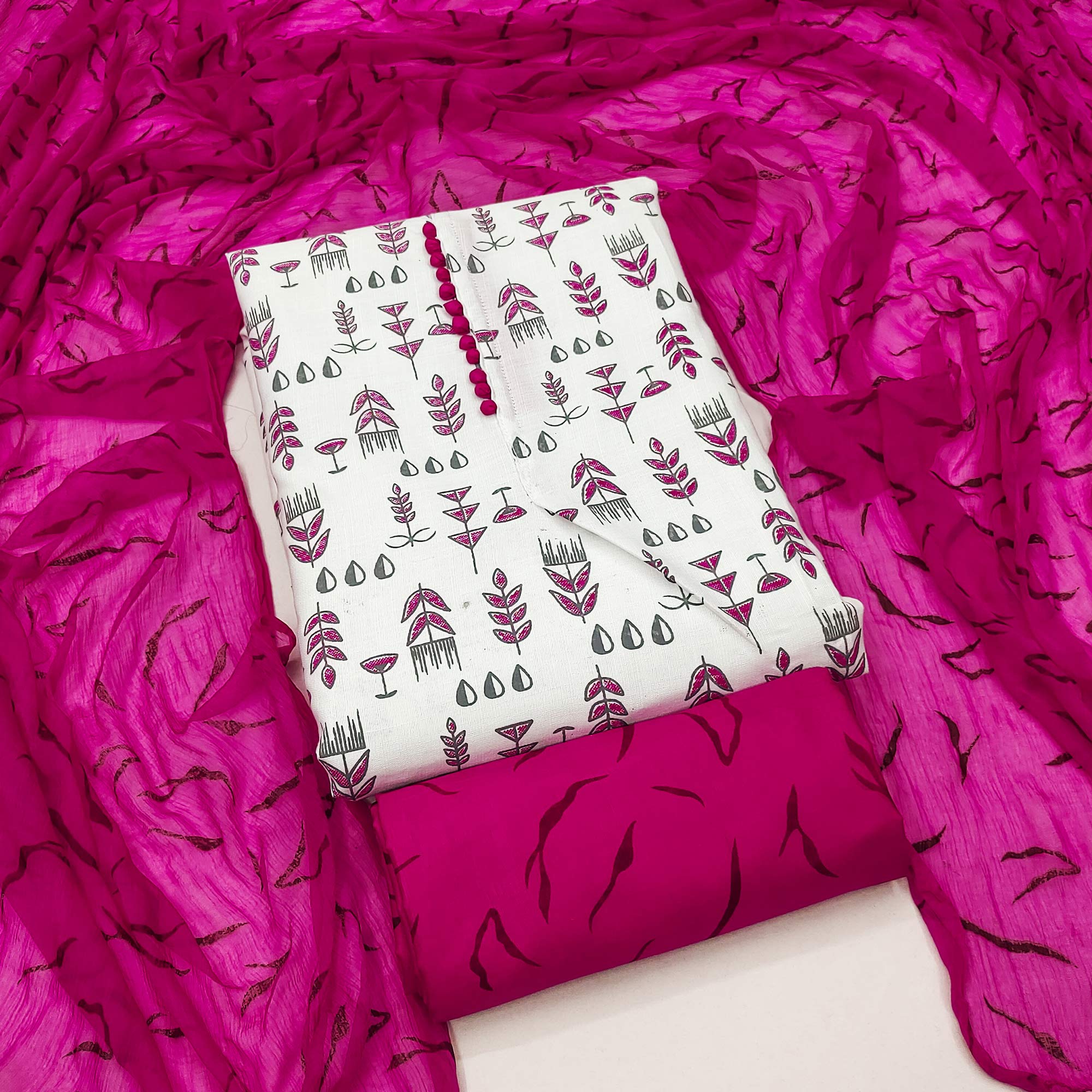 White & Rani Pink Floral Printed Cotton Blend Dress Material