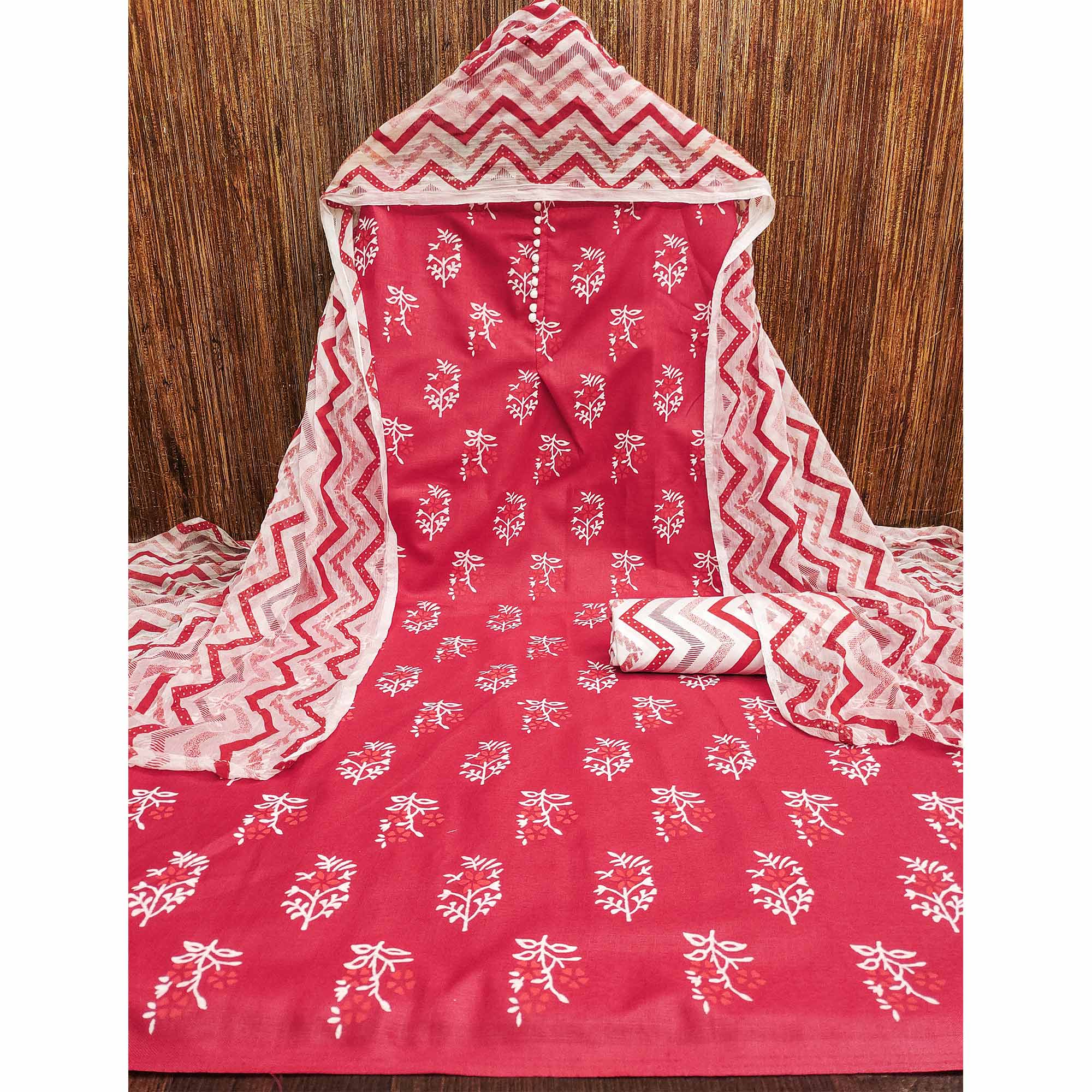 Red Floral Printed Cotton Blend Dress Material