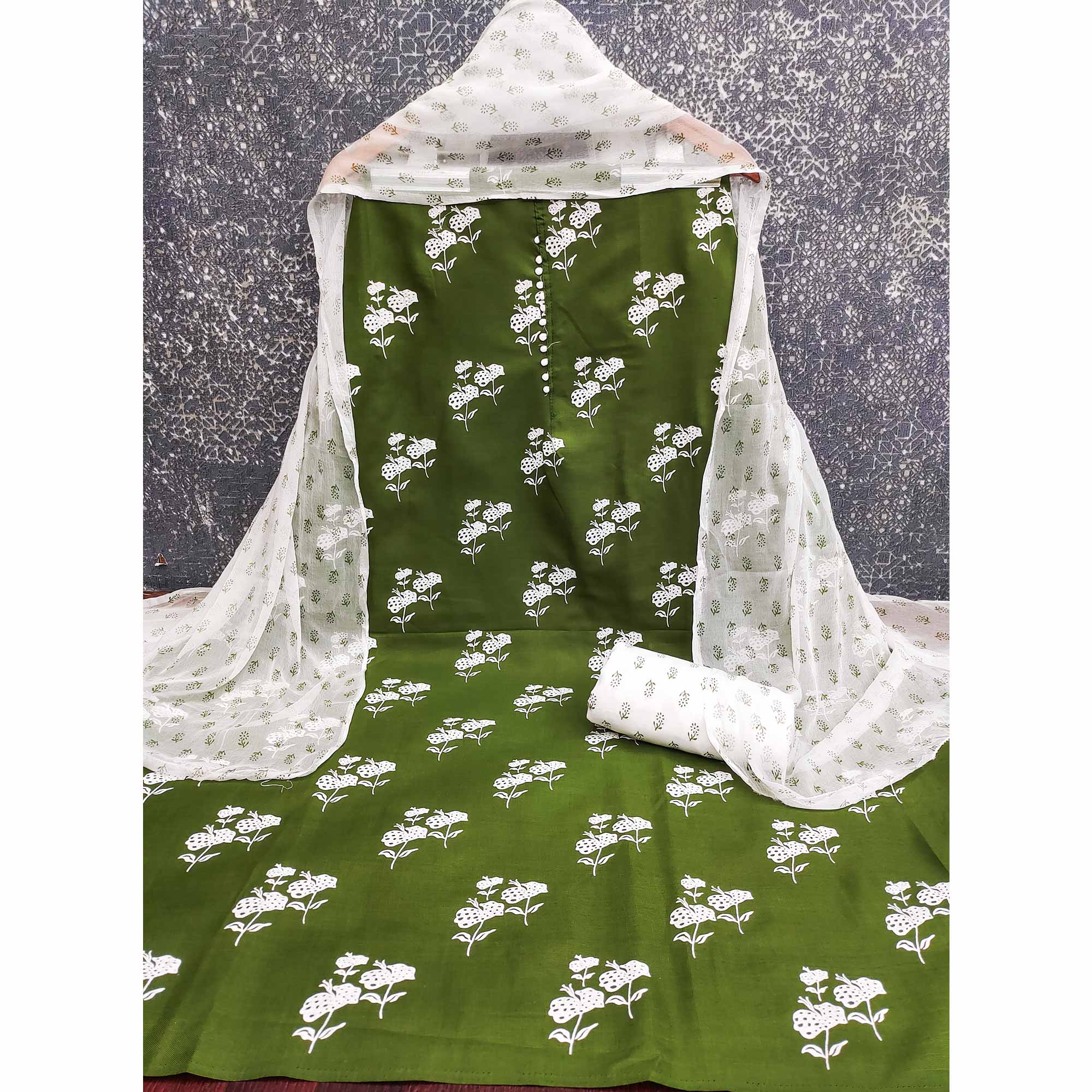 Dark Green Cotton Blend Fabric Featuring Subtle and Elegant Floral Prints