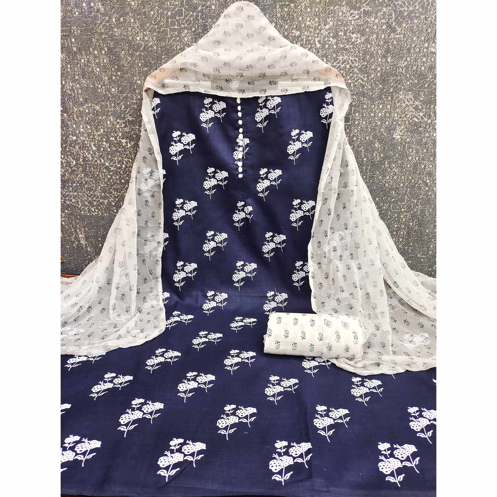 Navy Blue Cotton Blend Fabric Featuring Subtle and Elegant Floral Prints