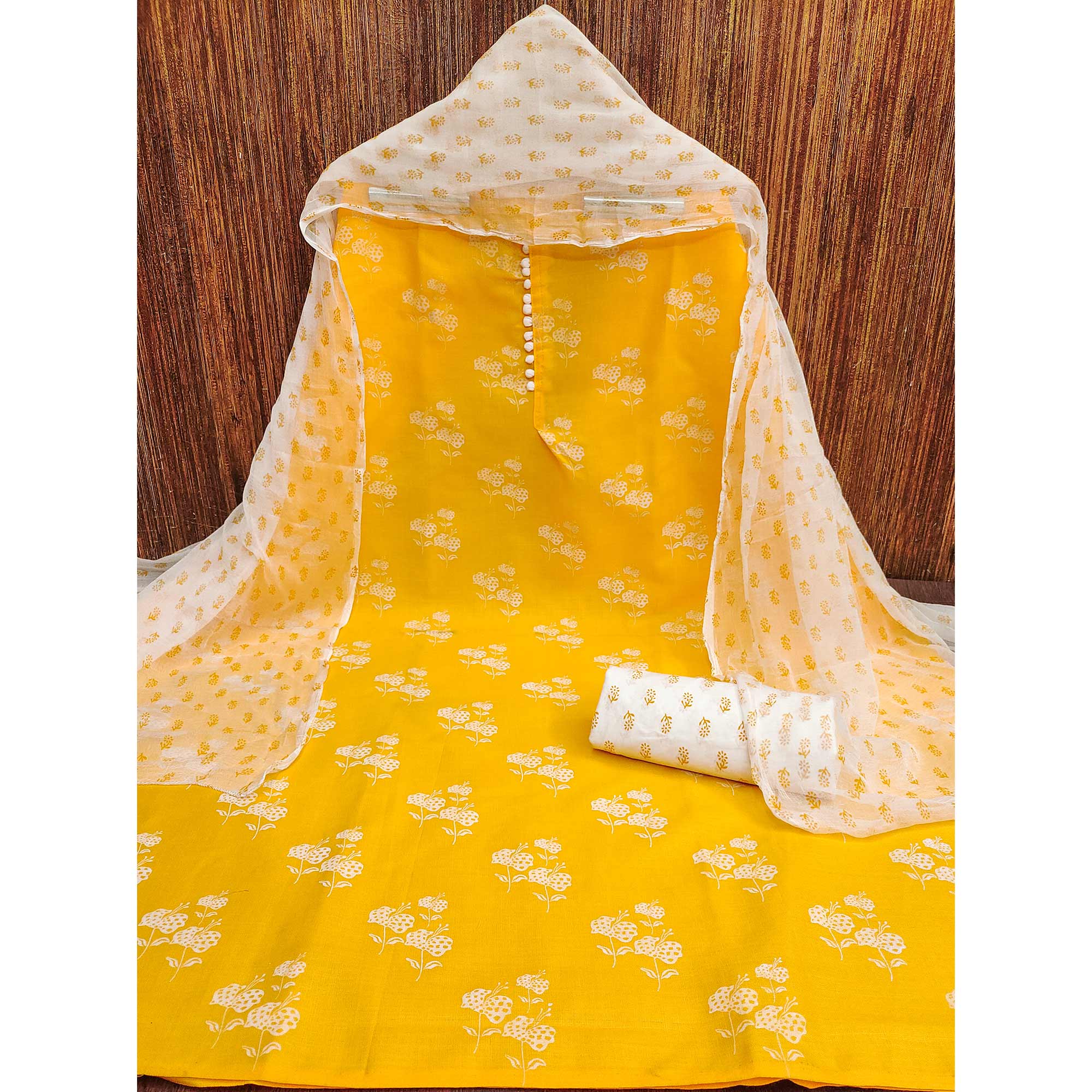 Yellow Cotton Blend Floral Printed Dress Material