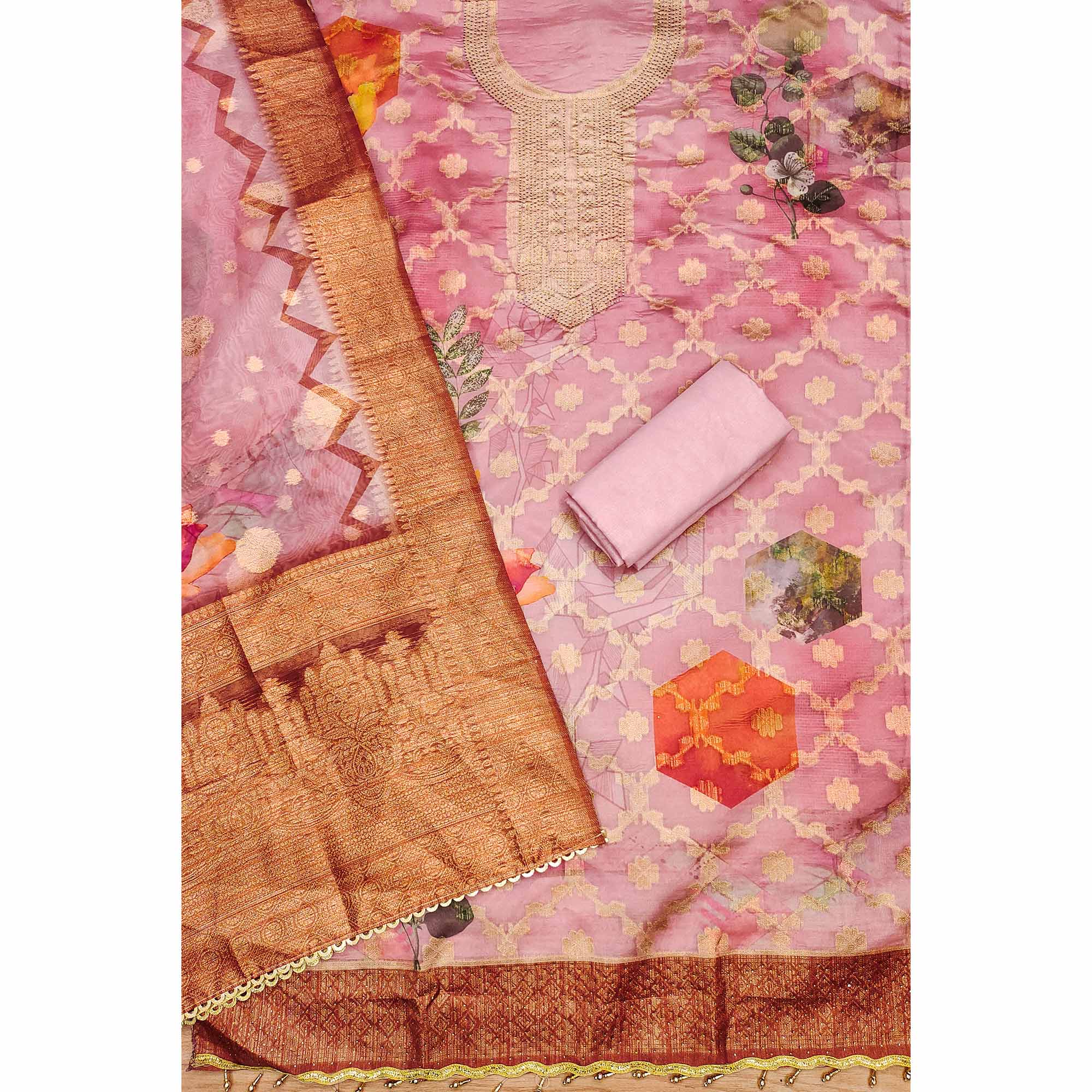 Light Pink Woven Work Organza Dress Material