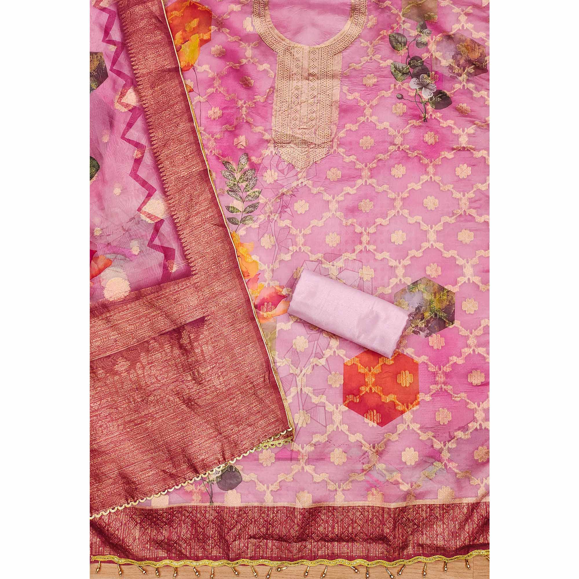 Pink Woven Work Organza Dress Material