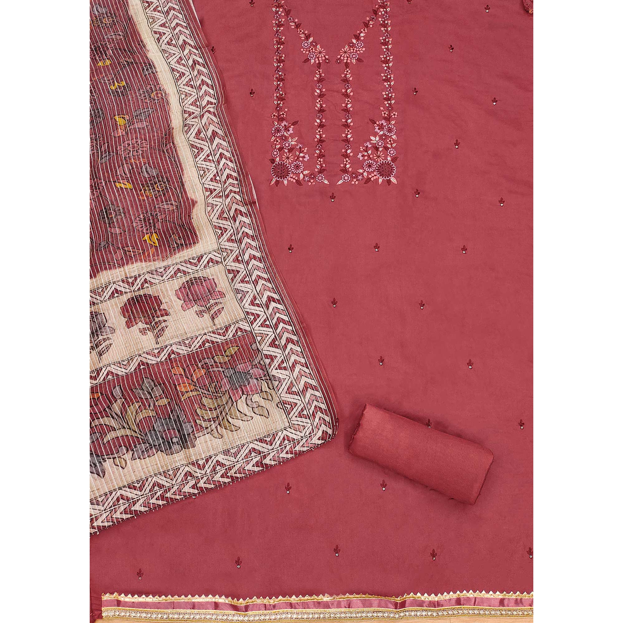 Gajari Pink Floral Embroidered Chanderi Silk Dress Material