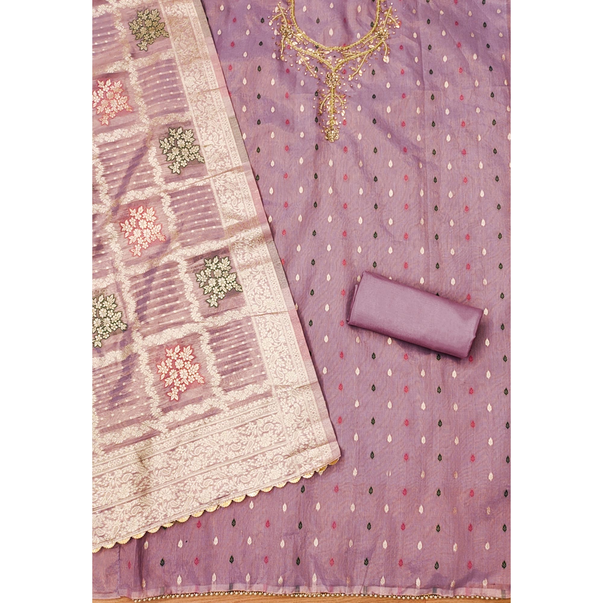 Lavender Woven With Handwork Simmer Jacquard Dress Material