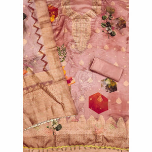 Peach Woven With Digital Printed & Swarovski Organza Dress Material