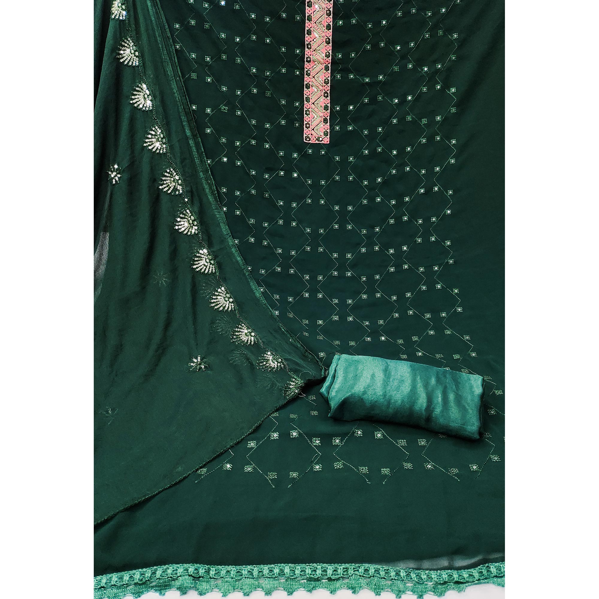 Green Sequins Embroidered Georgette Dress Material
