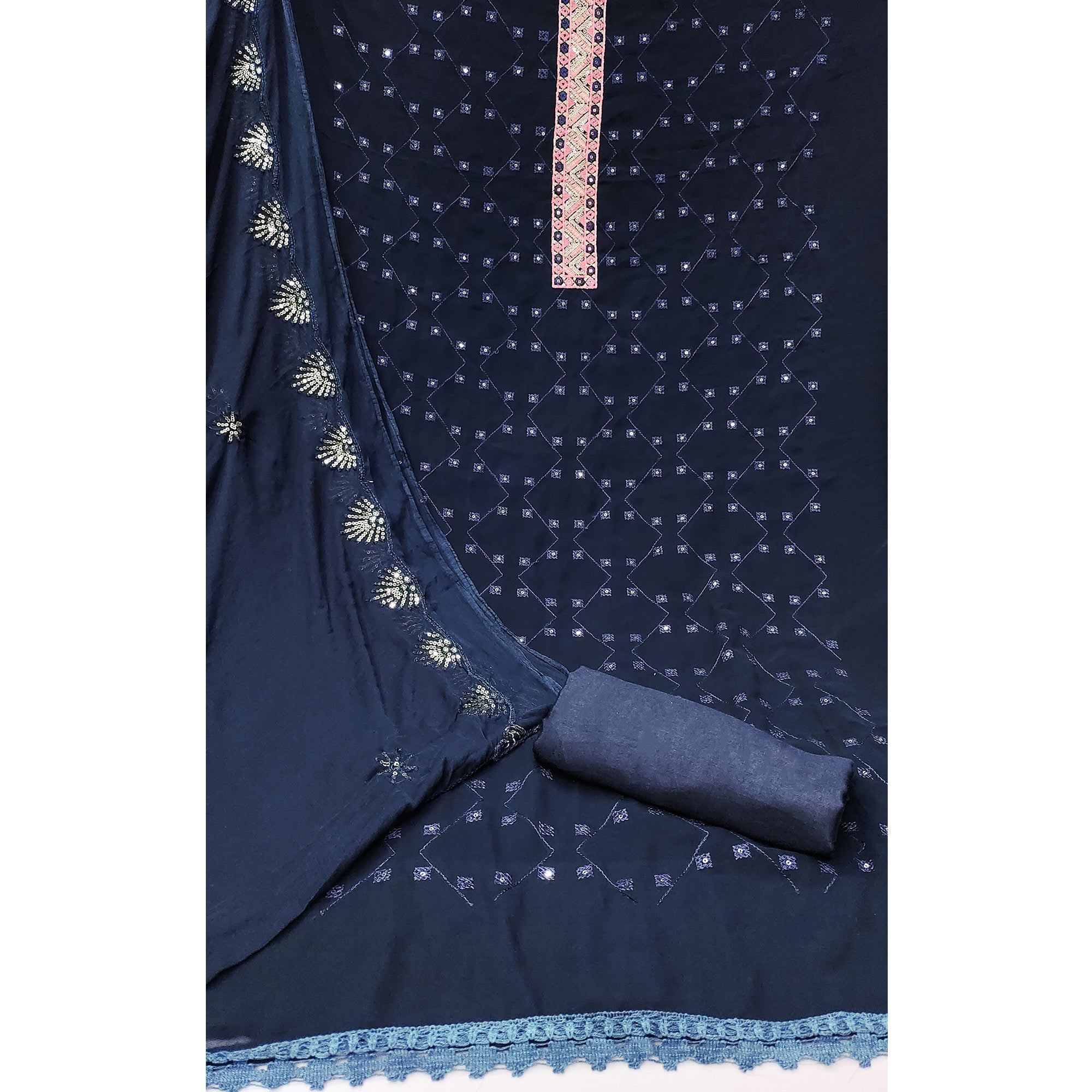 Navy Blue Sequins Embroidered Georgette Dress Material