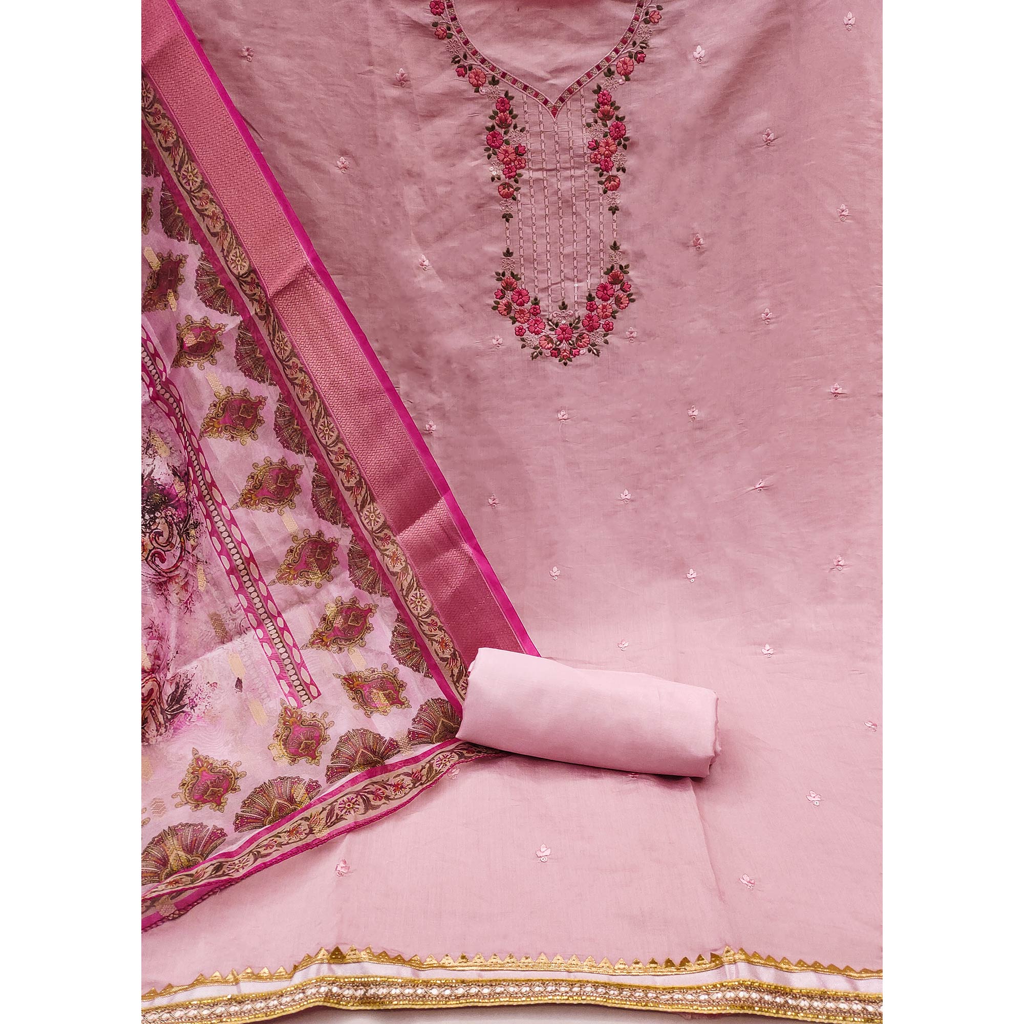 Pink Floral Sequins Embroidered Chanderi Silk Dress Material