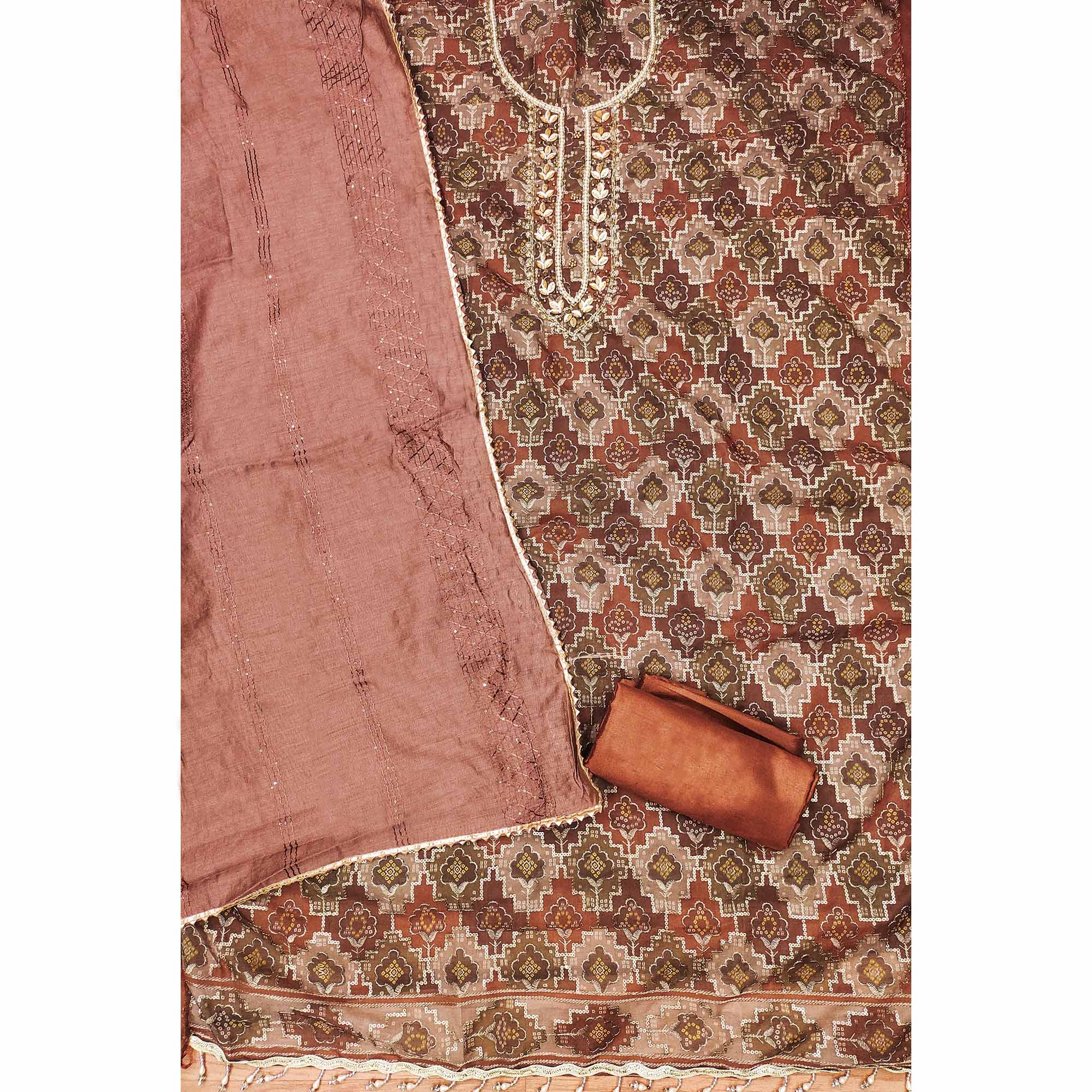 Rust Sequins Embroidered With Printed Organza Dress Material