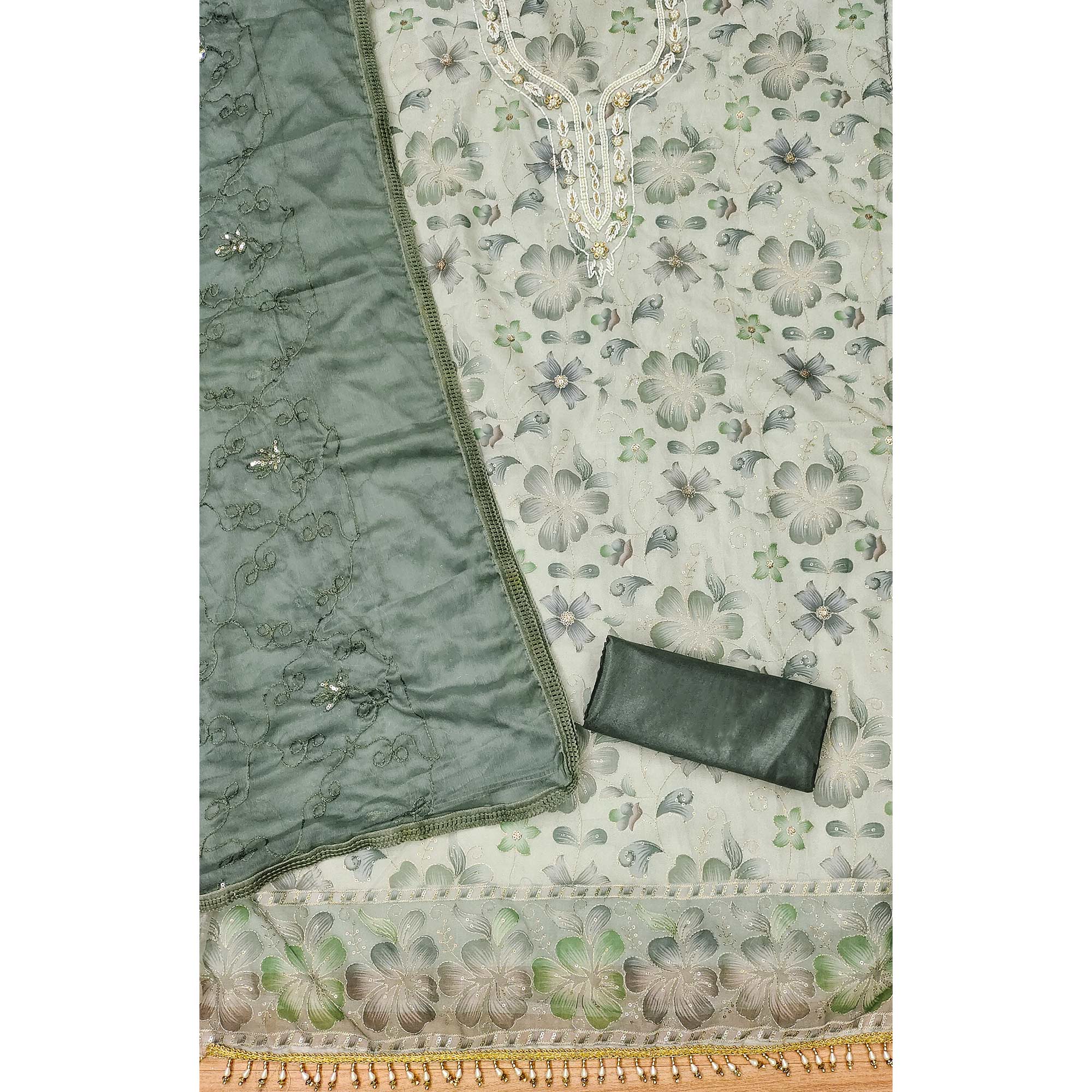 Light Green Floral Sequins Embroidered With Printed Organza Dress Material
