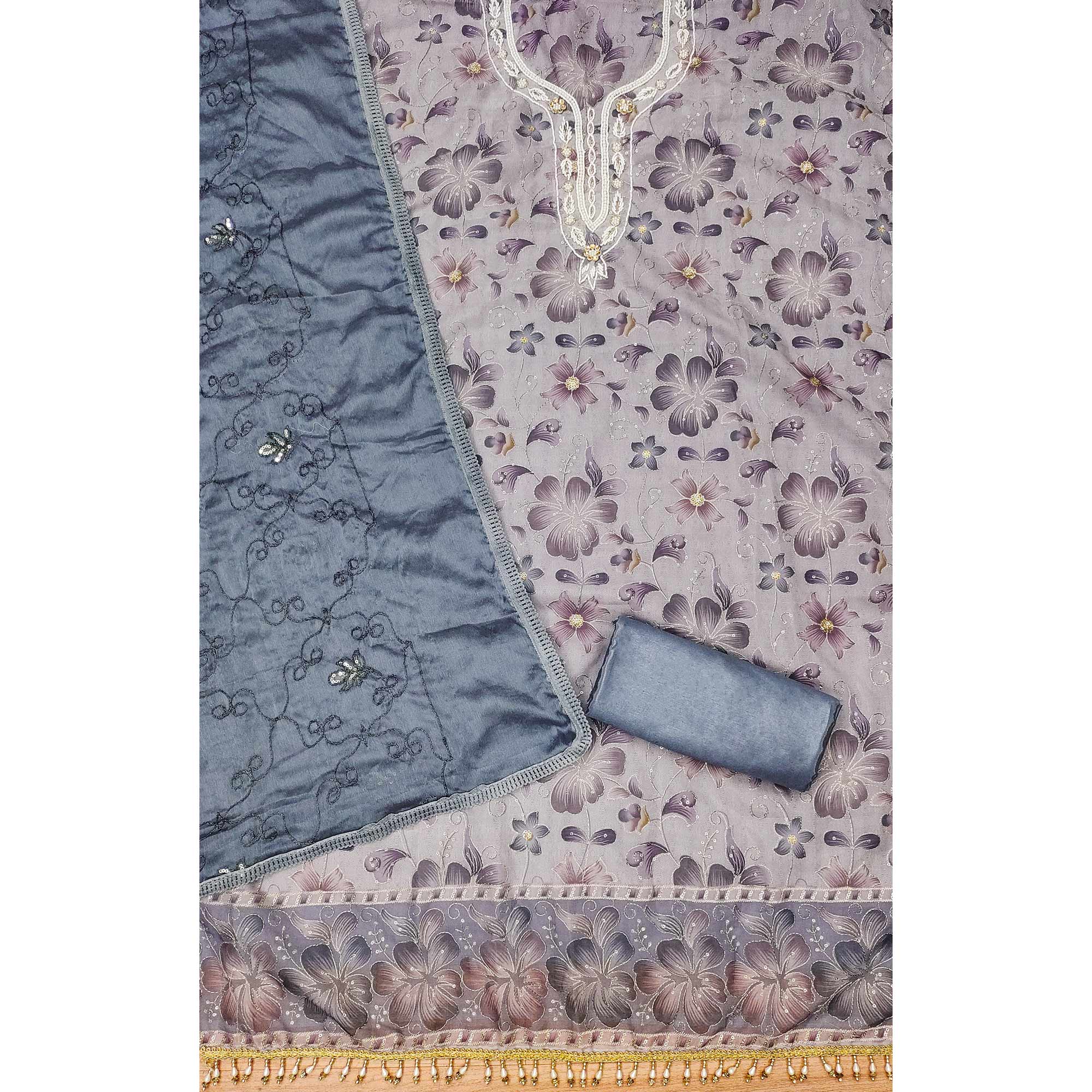 Light Lavender Floral Sequins Embroidered With Printed Organza Dress Material