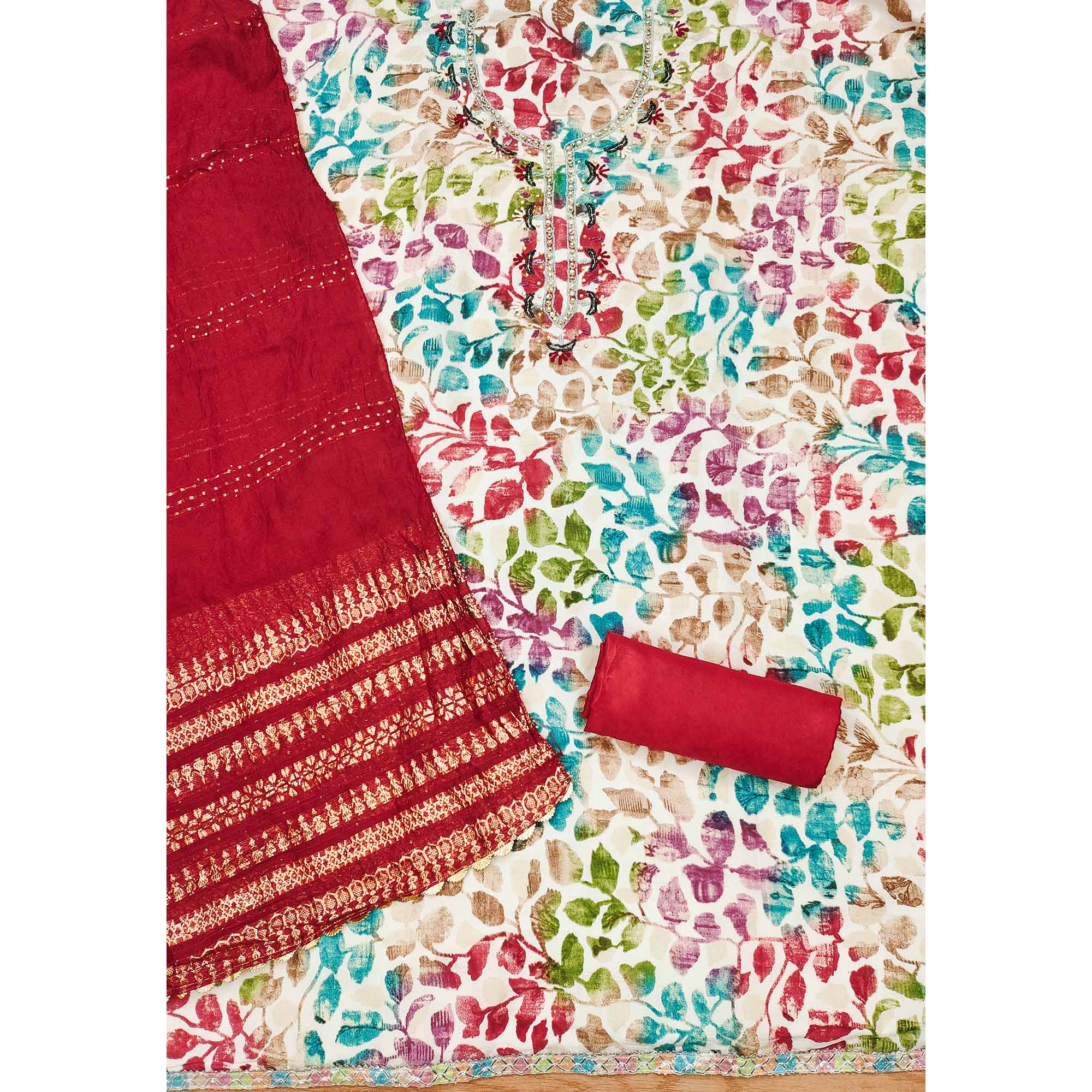 Maroon Floral Foil Printed With Handwork Modal Cotton Silk Dress Material