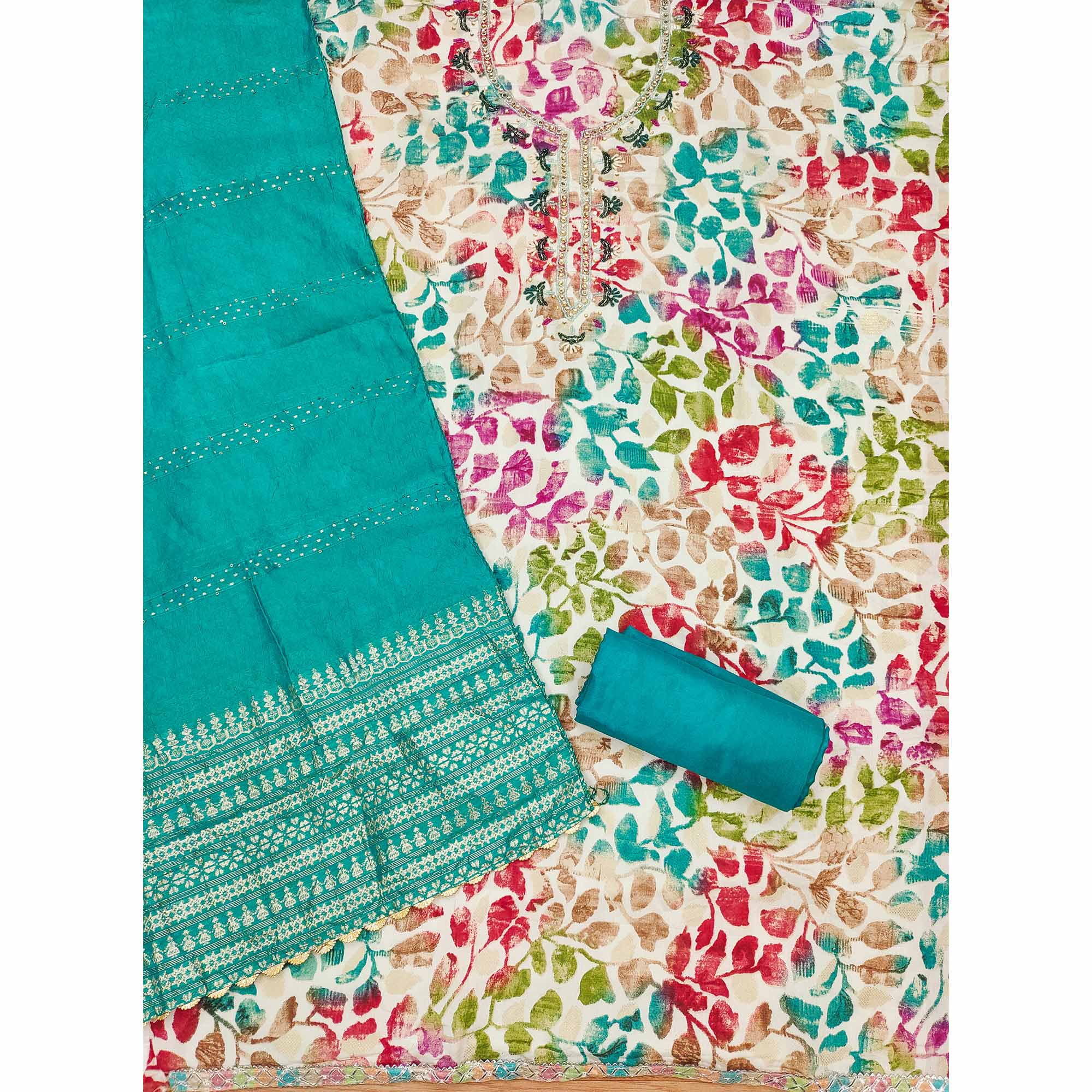 Rama Blue Floral Foil Printed With Handwork Modal Cotton Silk Dress Material
