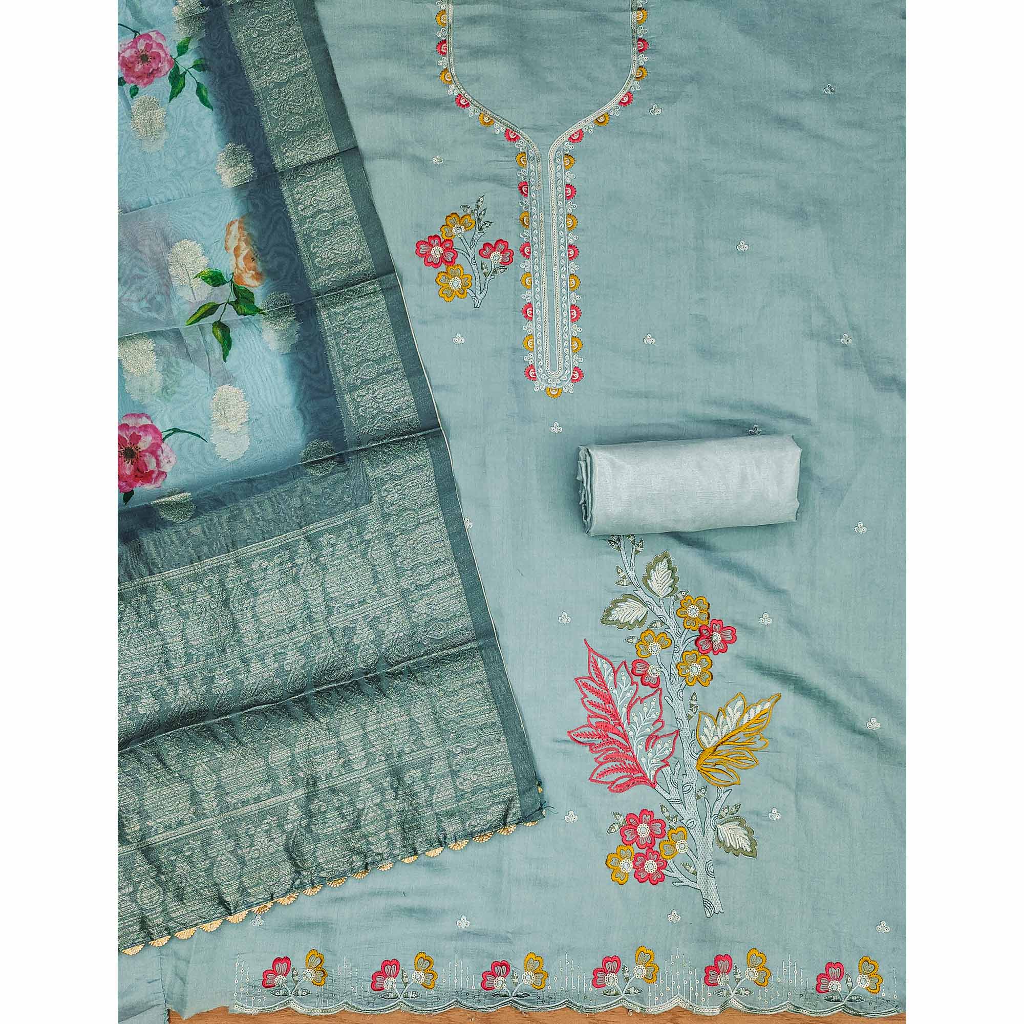 Blue Floral Sequins Embroidered Cotton Roman Silk Dress Material