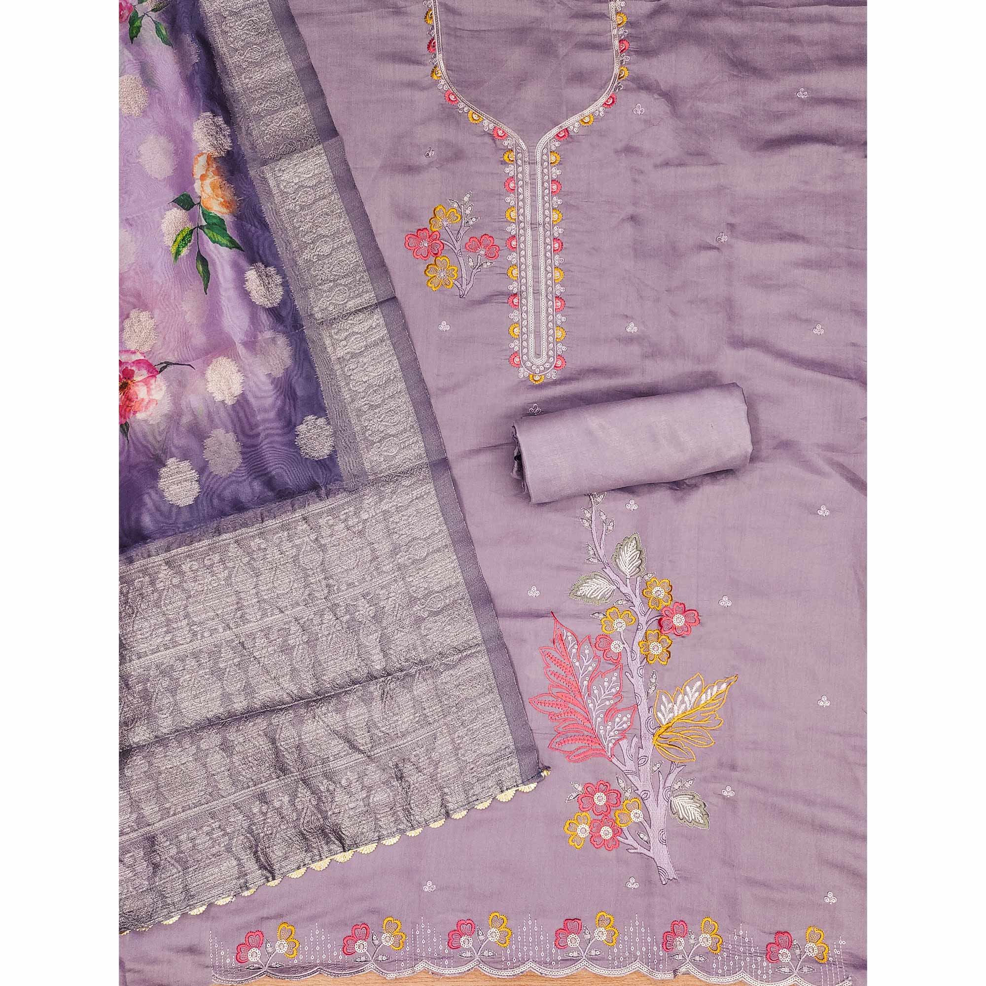 Purple Floral Sequins Embroidered Cotton Roman Silk Dress Material