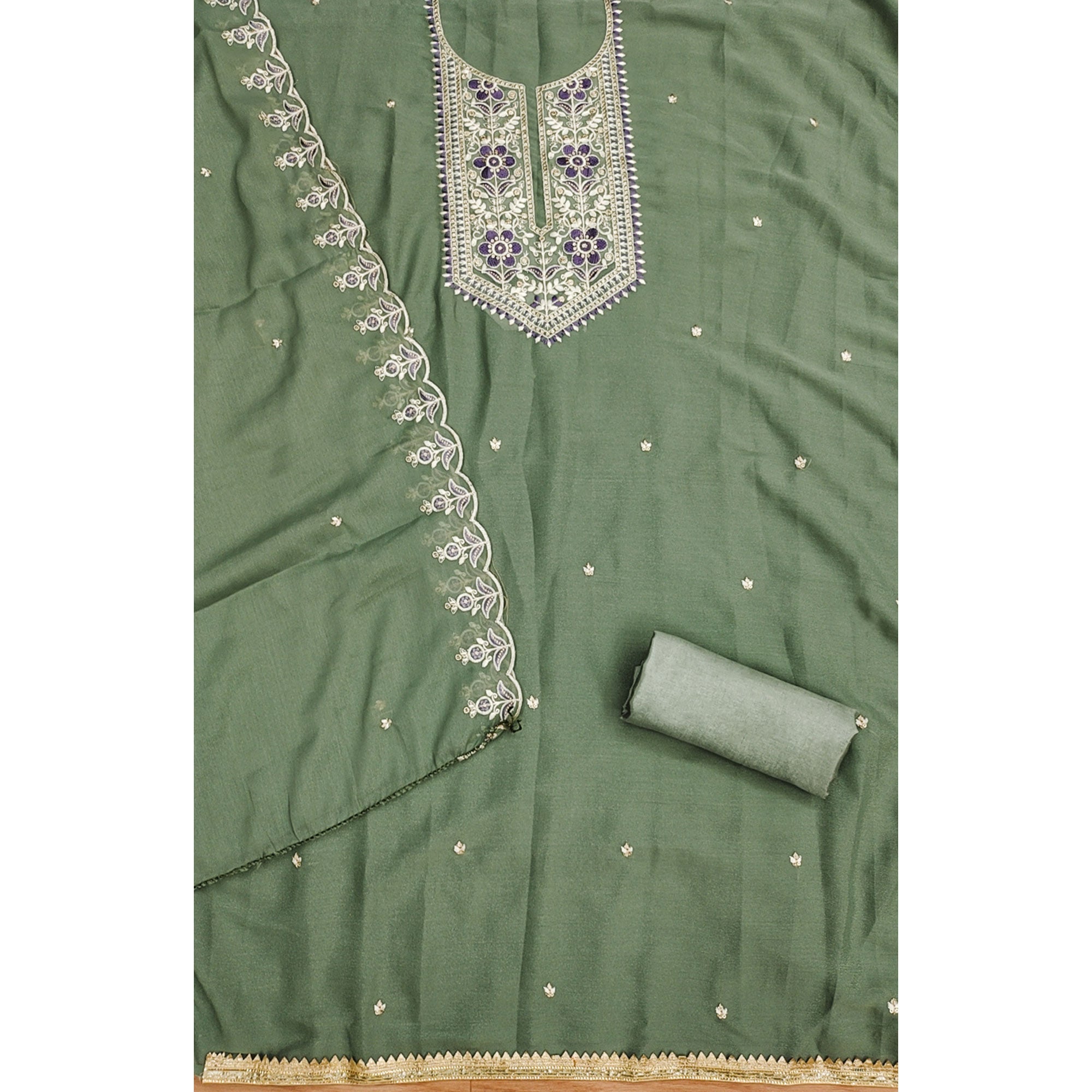 Green Floral Sequins Embroidered Georgette Dress Material