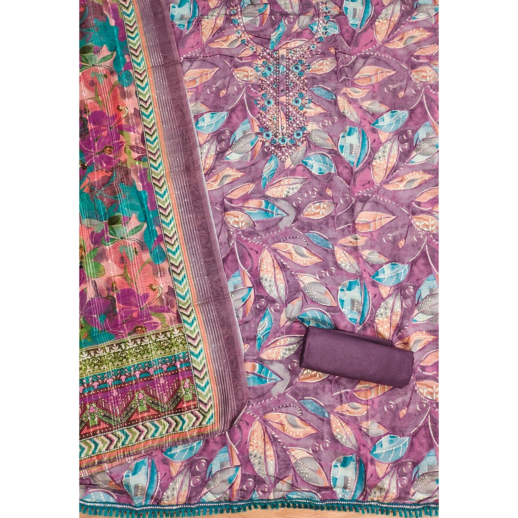 Purple Floral Foil Printed With Embroidery Modal Cotton Silk Dress Material