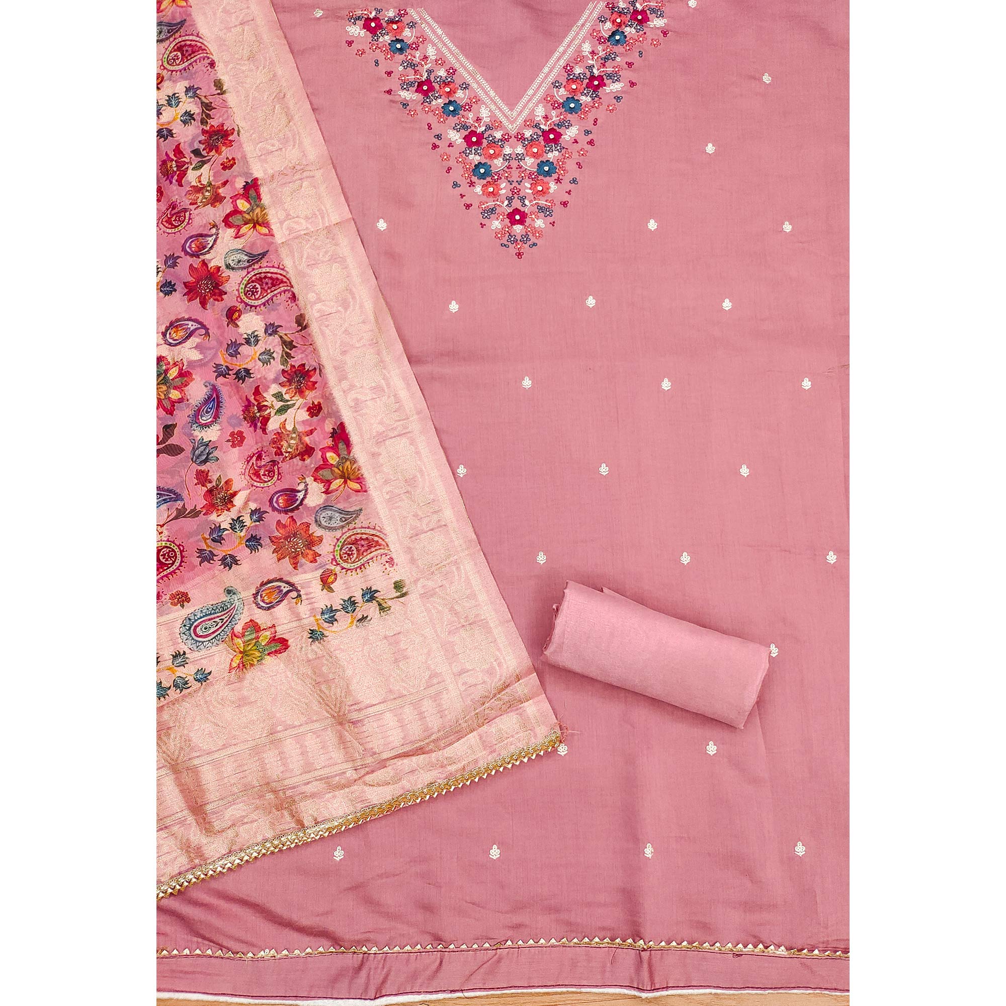 Peach Floral Embroidered Roman Cottom Silk Dress Material