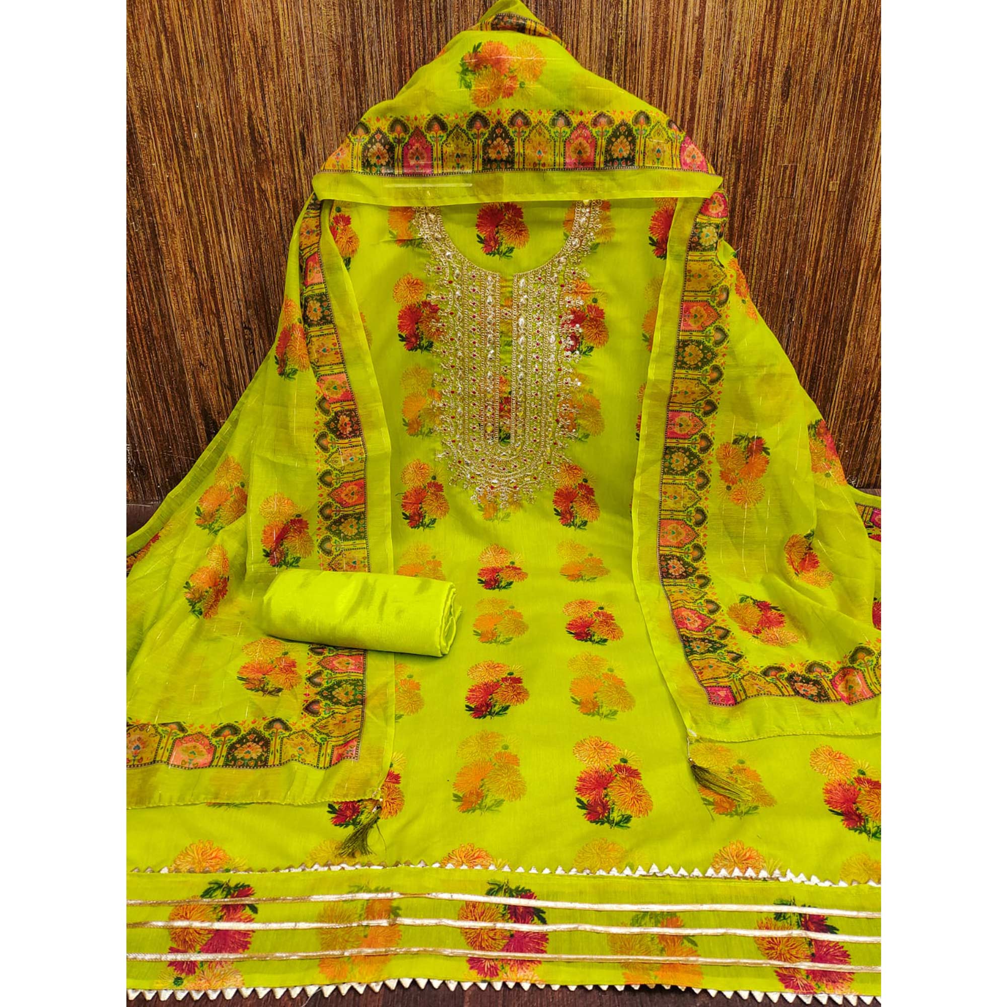 Green Floral Digital Printed With Sequins Embroidery Georgette Dress Material