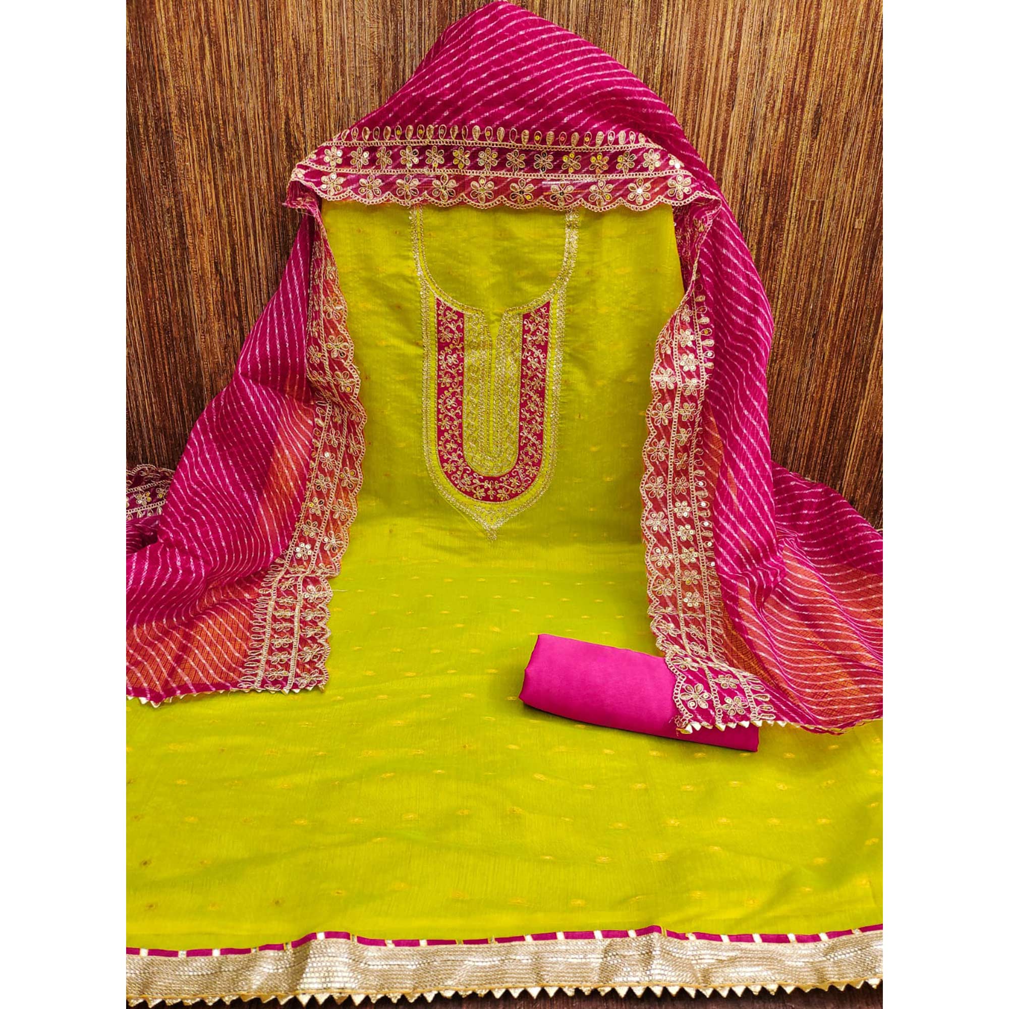 Green Woven With Sequins Embroidery Chanderi Dress Material