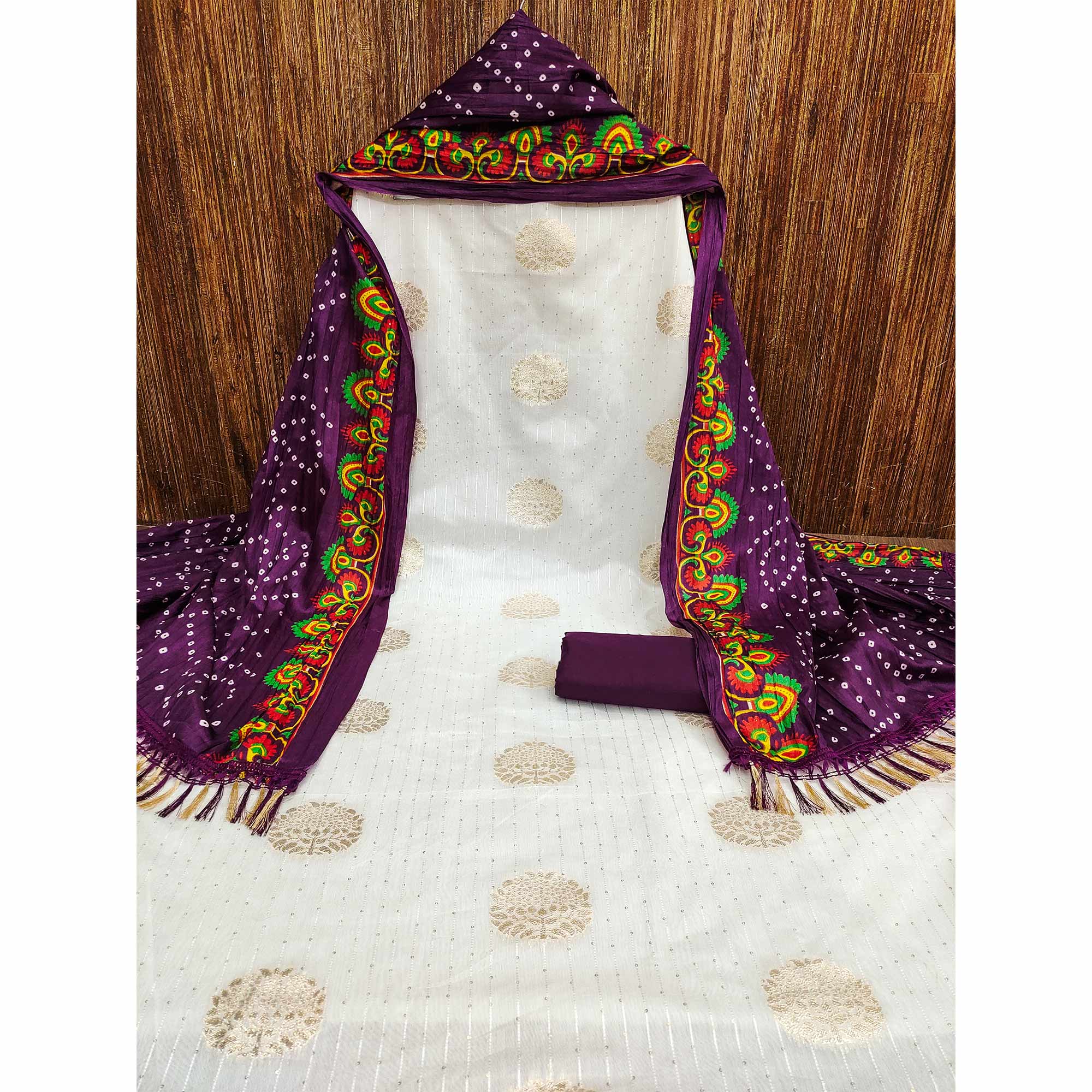 White & Wine Sequins Embroidered With Woven Jacquard Dress Material