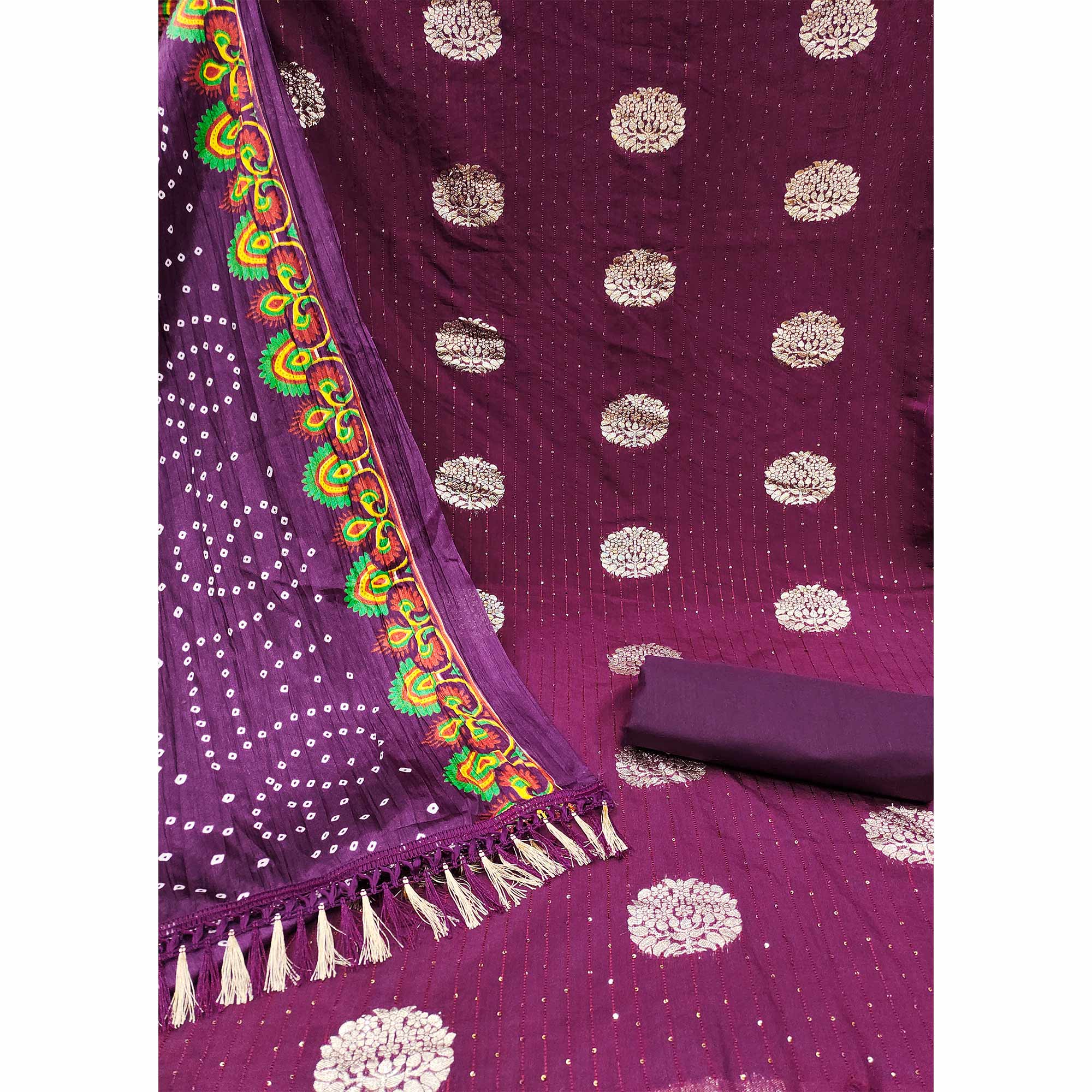 Wine Sequins Embroidered With Woven Jacquard Dress Material