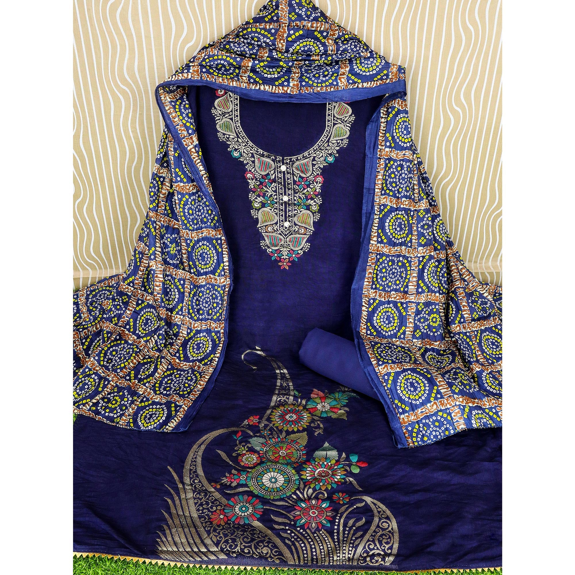 Blue Floral Woven Chanderi Jacquard Dress Material